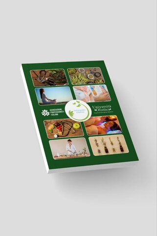 Copertina di un opuscolo dell'Università Olistica con immagini di prodotti olistici e pratiche di benessere Copertina di un opuscolo dell'Università Olistica con immagini di prodotti olistici e pratiche di benessere