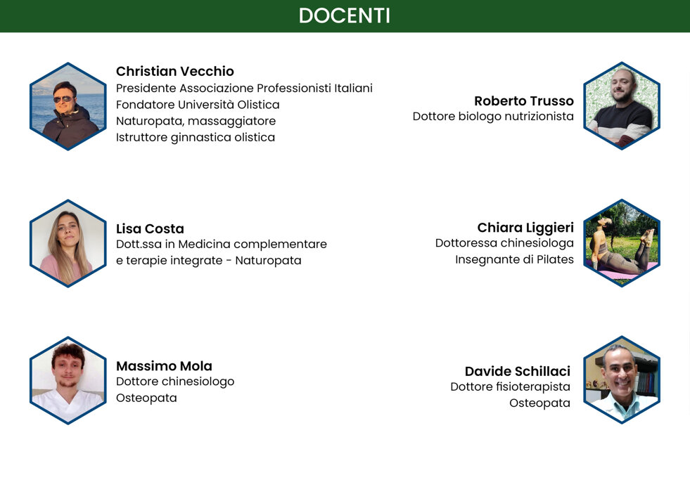 Docenti di formazione olistica e naturopatia con specializzazioni in ginnastica, massaggi e diplomi professionali.