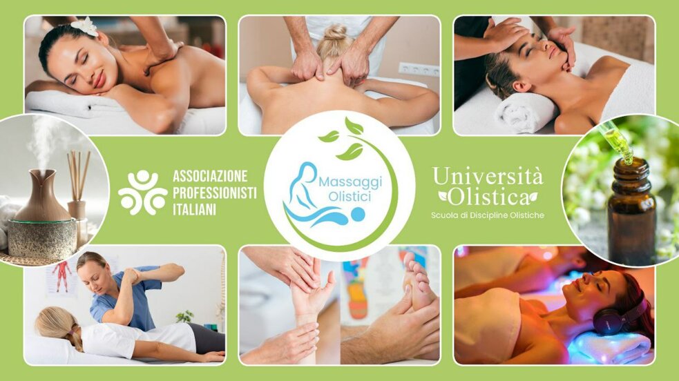 Collage di immagini di massaggi, aromaterapia e tecniche olistiche con loghi di associazioni professionali italiane.