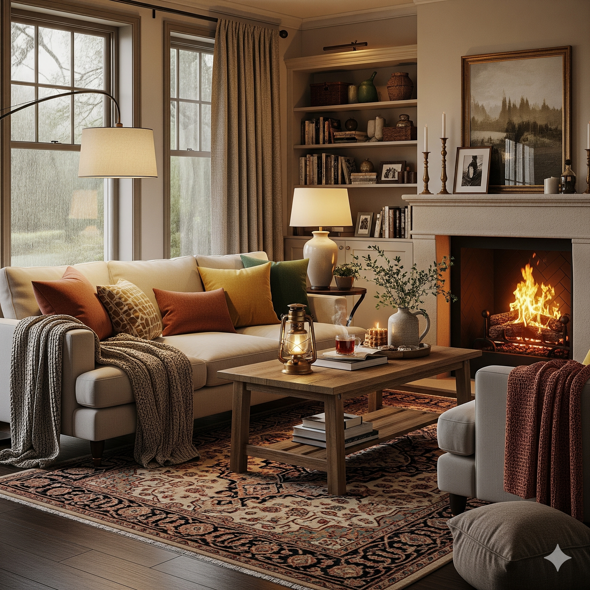 Soggiorno accogliente con camino acceso e arredamento autunnale Soggiorno accogliente con camino acceso e arredamento autunnale