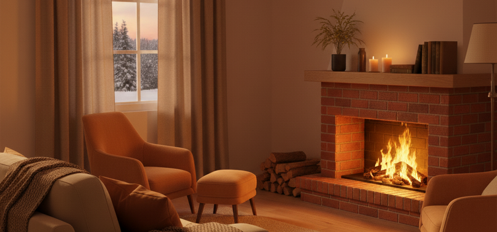 Accogliente soggiorno con camino acceso e arredo in tonalità calde, con finestra affacciata su paesaggio innevato