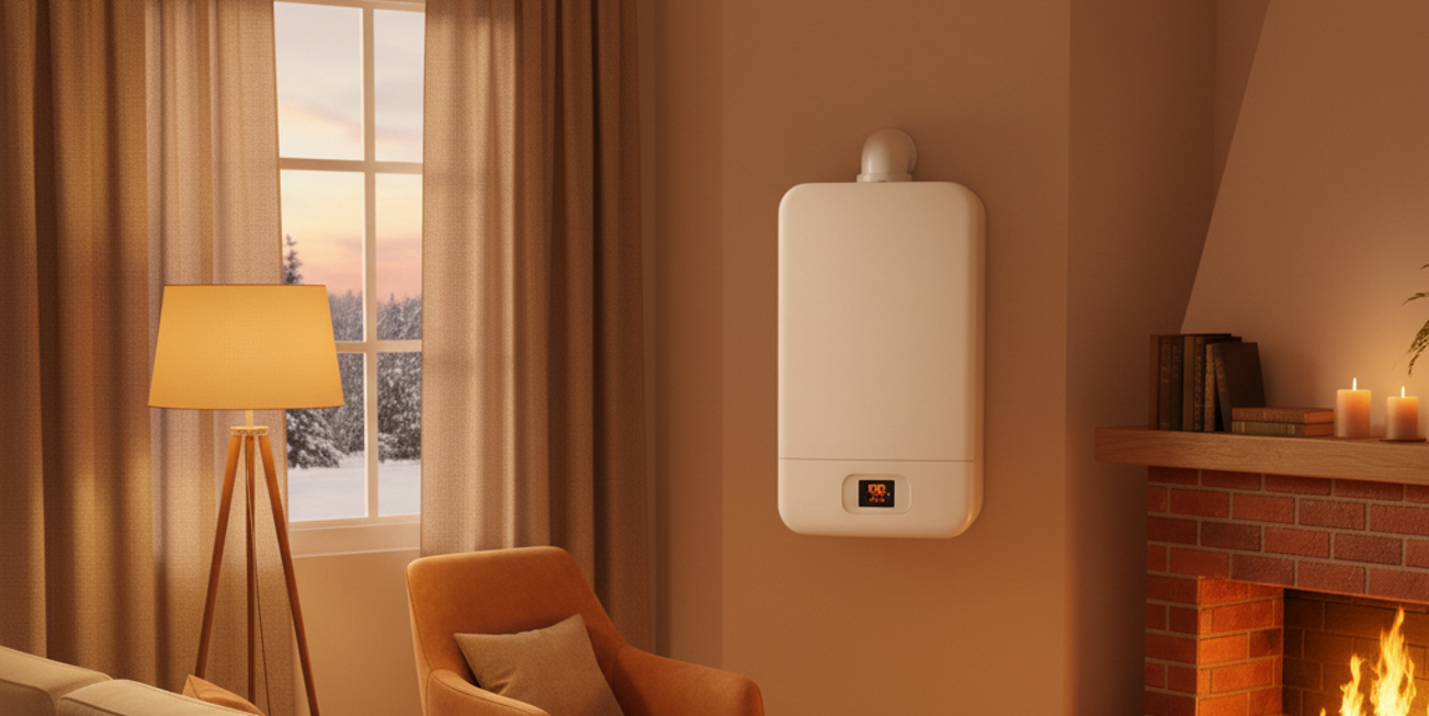 Caldaia a gas installata in un salotto accogliente con camino e lampada Caldaia a gas installata in un salotto accogliente con camino e lampada