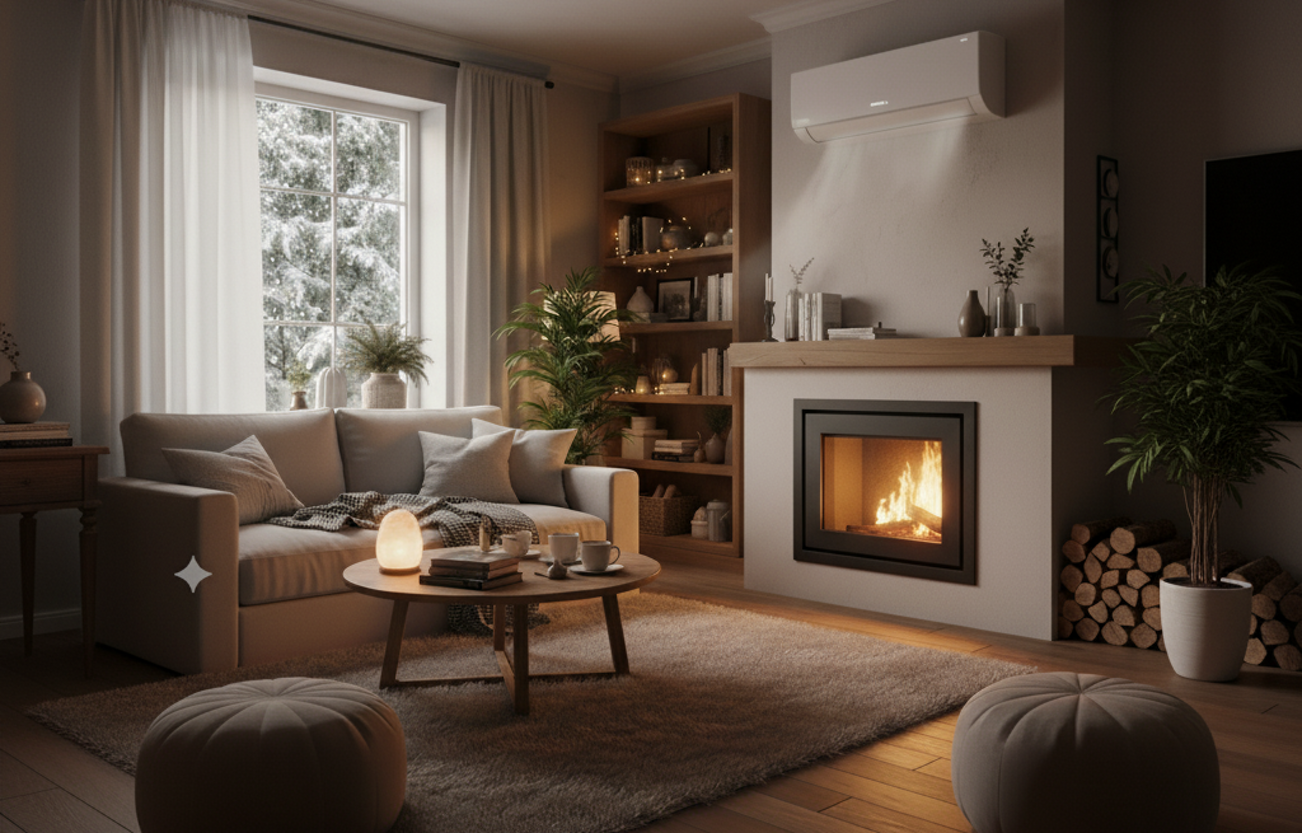 Soggiorno accogliente con camino acceso e climatizzatore