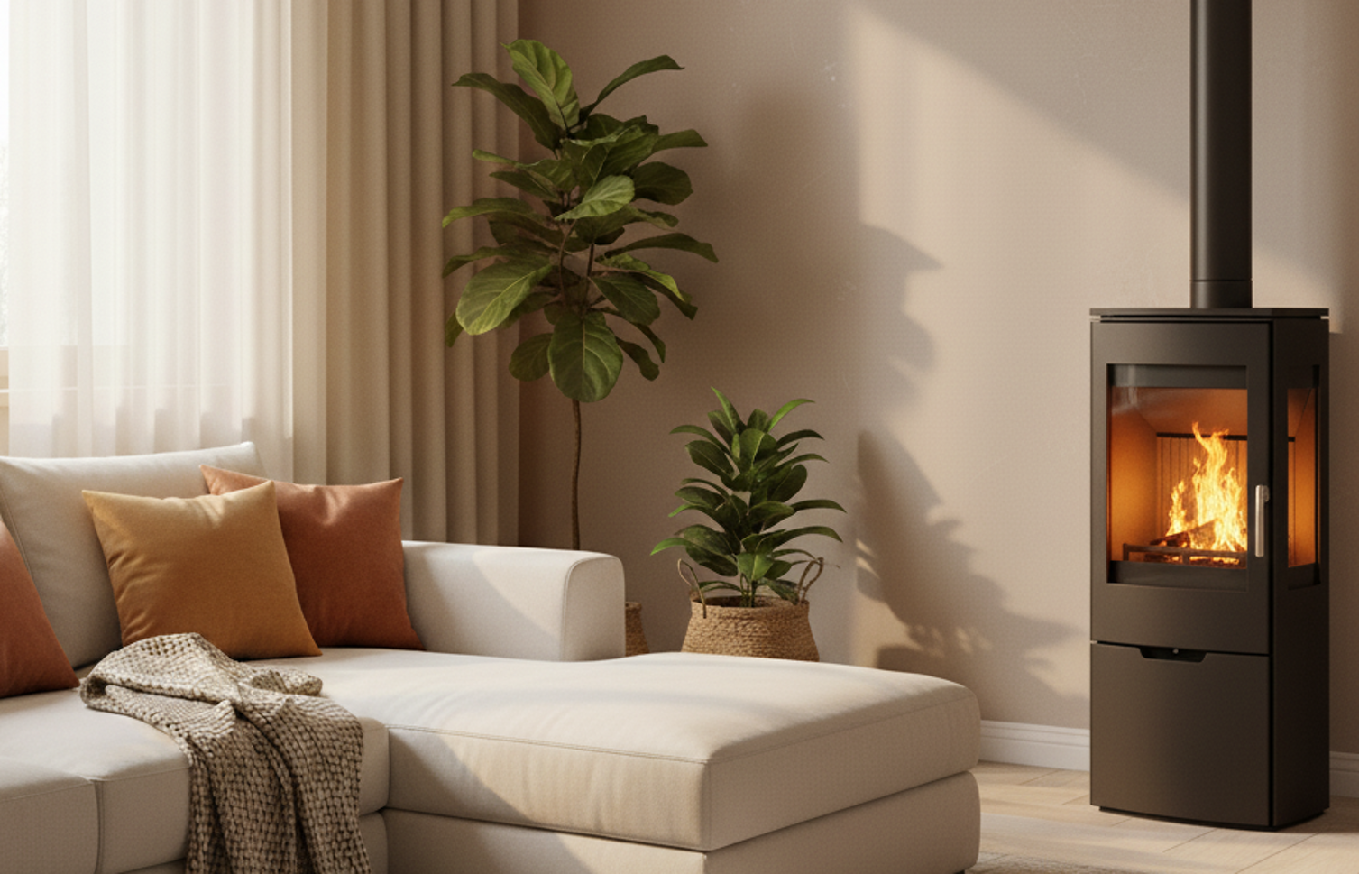 Soggiorno moderno con stufa a legna accesa, divano beige e piante Soggiorno moderno con stufa a legna accesa, divano beige e piante