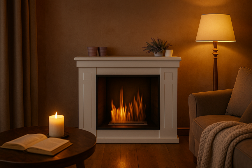 Soggiorno accogliente con camino acceso e lampada, comfort domestico