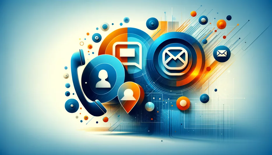 dall·e 2025-03-10 10.50.32 - an abstract digital illustration featuring contact icons (phone, email, chat) in blue and orange tones. the design has a modern and minimalistic style