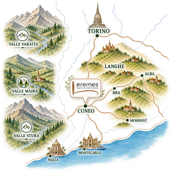 Cuneo mountains, Langhe region and cities