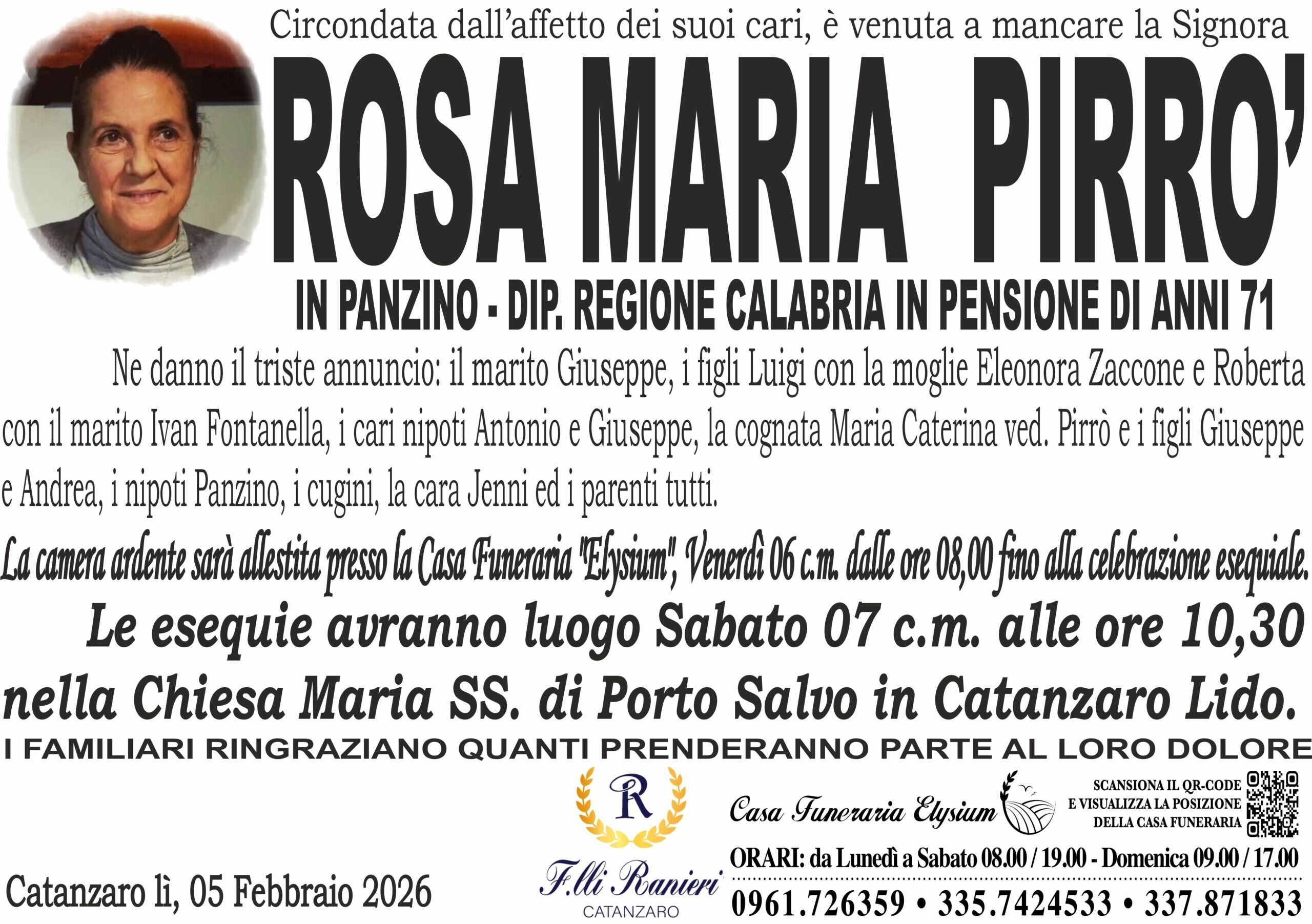 ROSA MARIA PIRRO' E' MANCATA ALL'AFFETTO DEI SUOI CARI