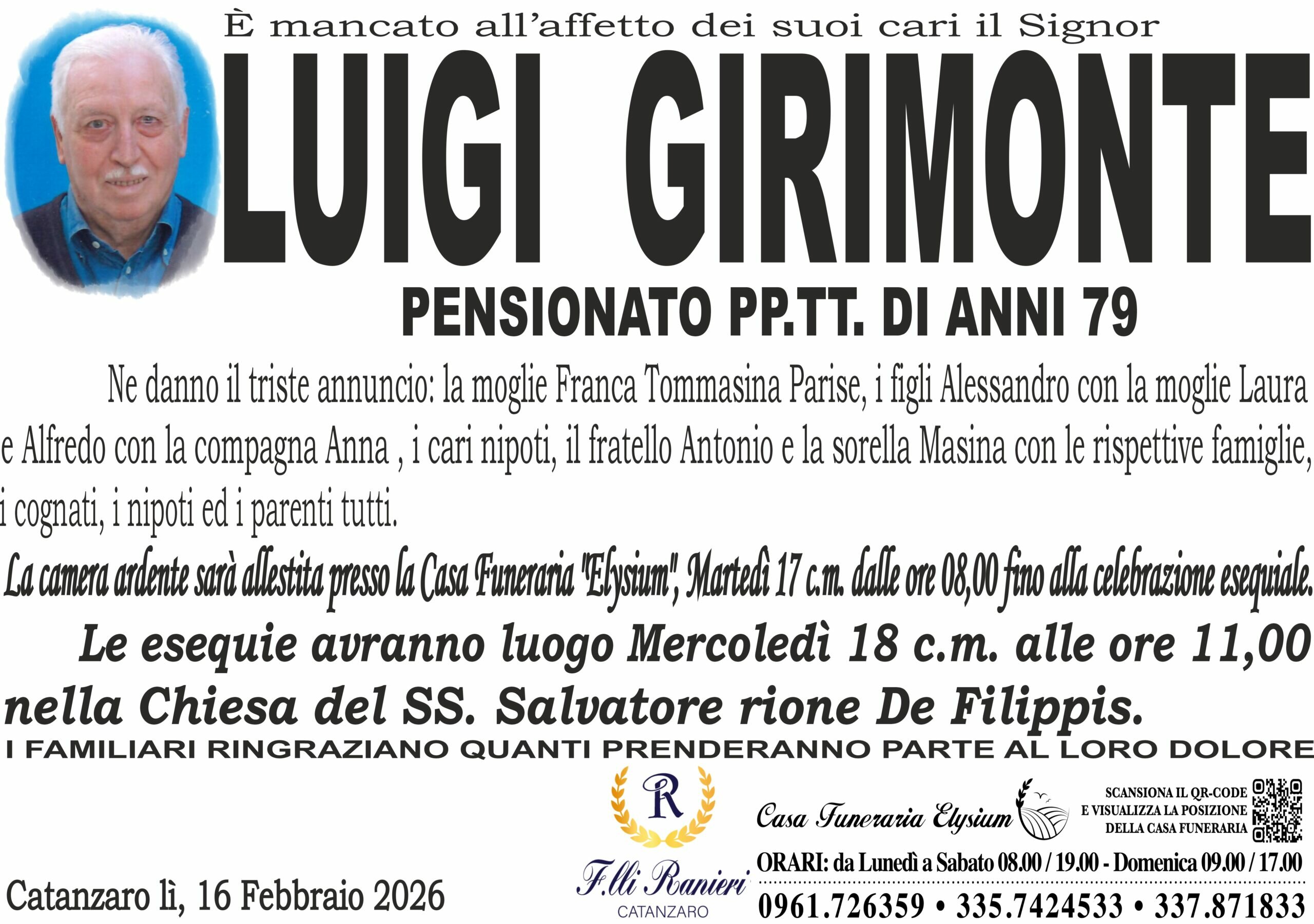 LUIGI GIRIMONTE è MANCATO ALL'AFFETTO DEI SUOI CARI