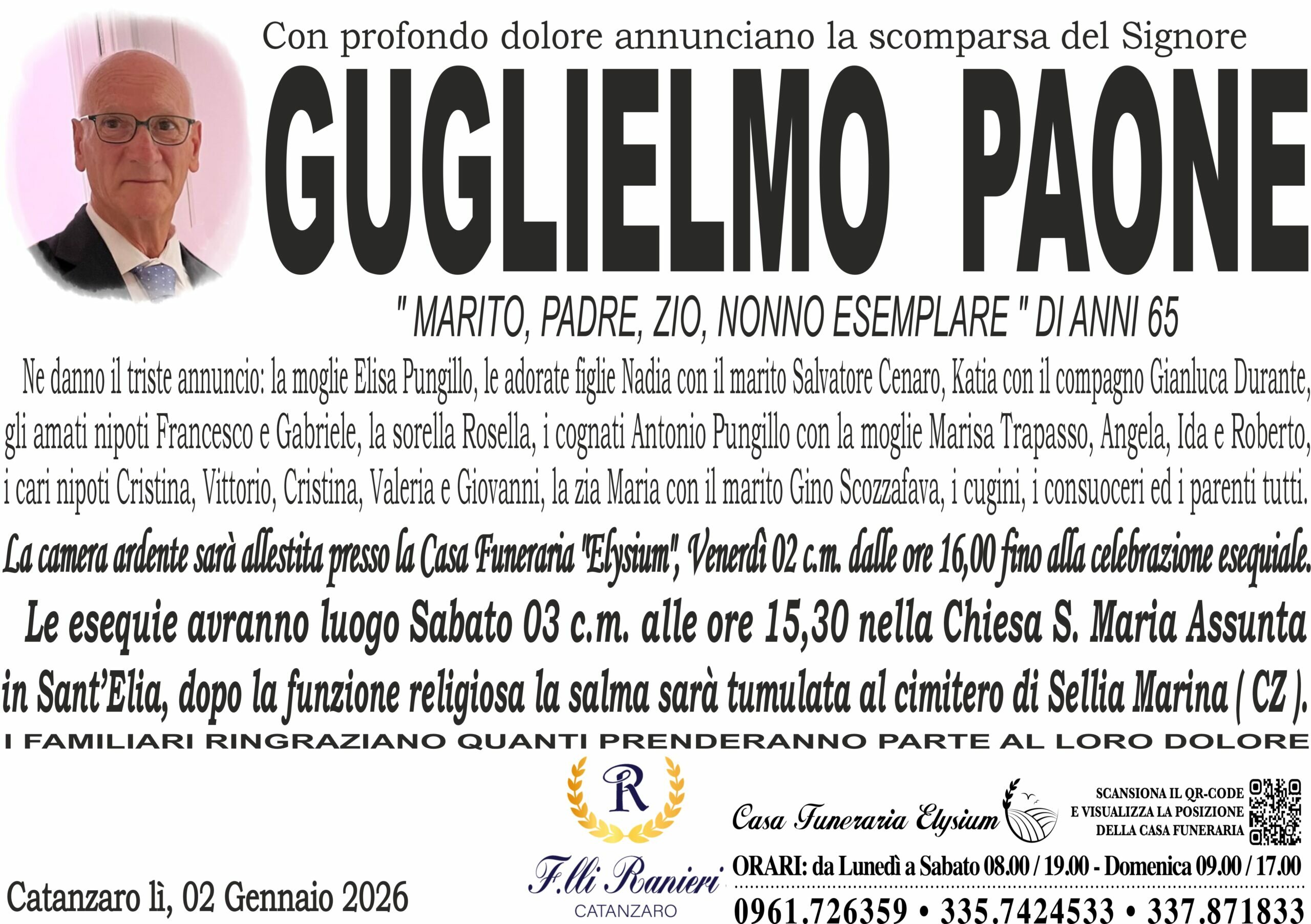 GUGLIELMO PAONE &egrave; MANCATO ALL'AFFETTO DEI SUOI CARI