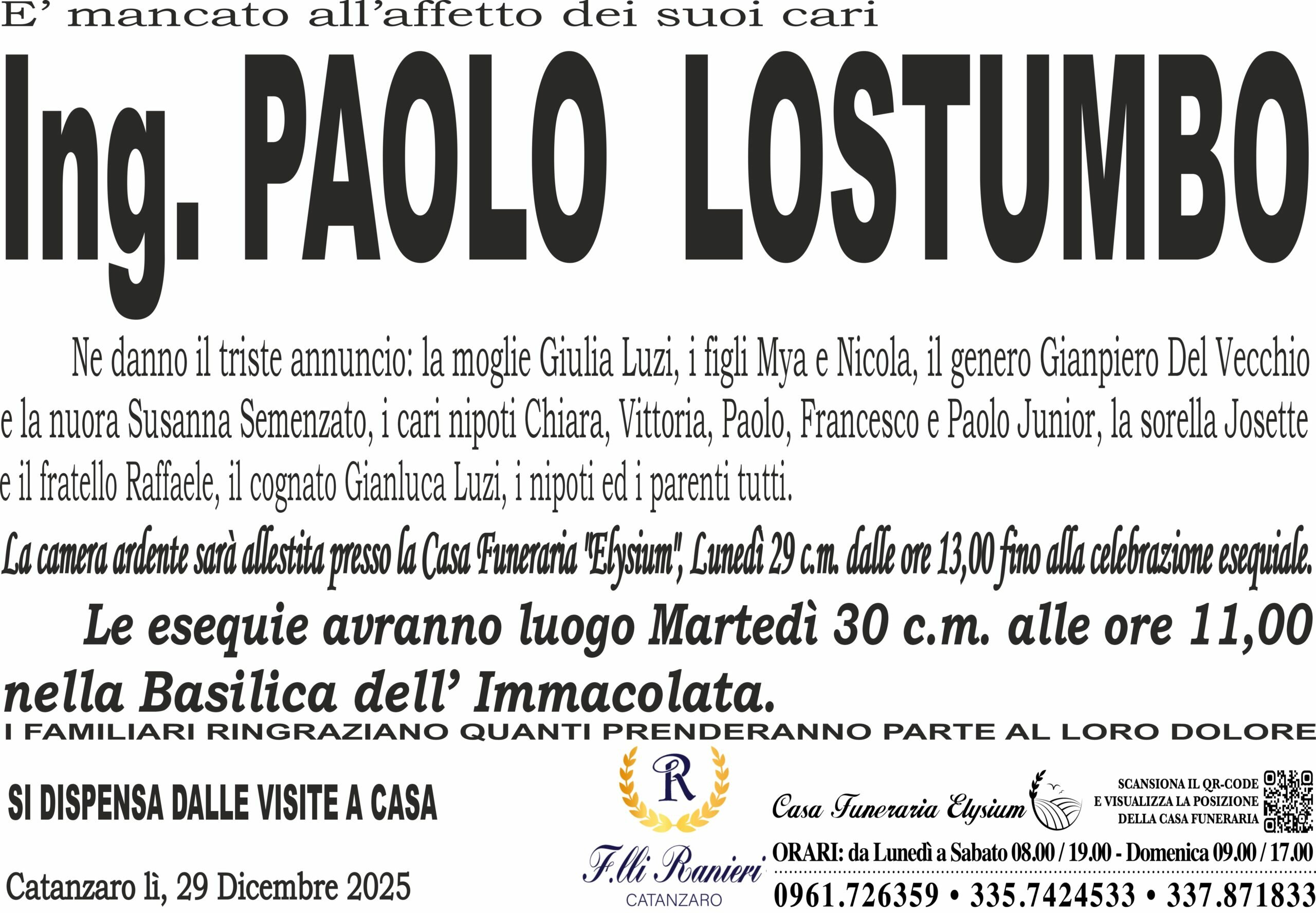 l' ING. PAOLO LOSTUMBO &egrave; MANCATO ALL'AFFETTO DEI SUOI CARI