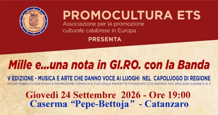 Mille e una nota… in GI.RO. con la Banda Dal 24 settembre al 9 ottobre la V edizione del progetto promosso dall’Associazione Promocultura. Mille e una nota… in GI.RO. con la Banda Dal 24 settembre al 9 ottobre la V edizione del progetto promosso dall’Associazione Promocultura.