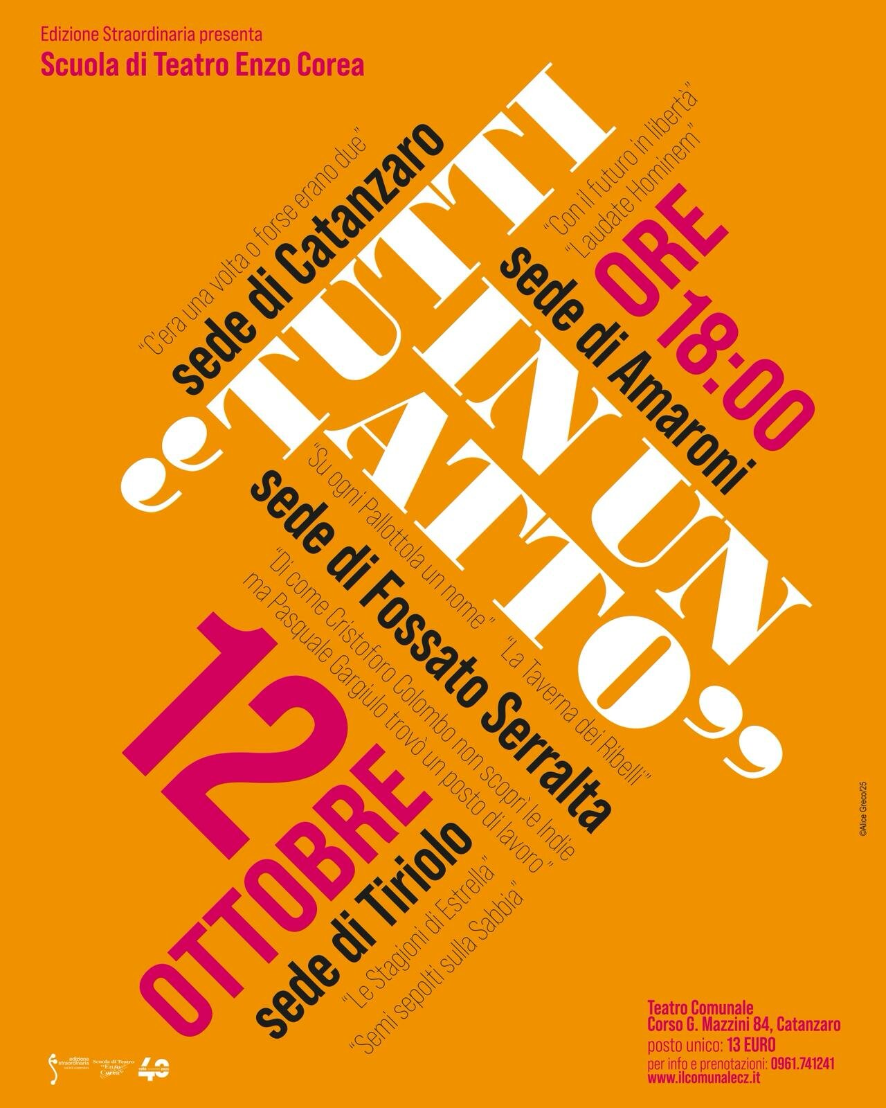 &ldquo;Tutti in un atto&rdquo; &ndash; La Scuola di Teatro Enzo Corea apre i festeggiamenti per i 40 anni di attivit&agrave;: spettacolo domenica 12 ottobre al Teatro Comunale di Catanzaro