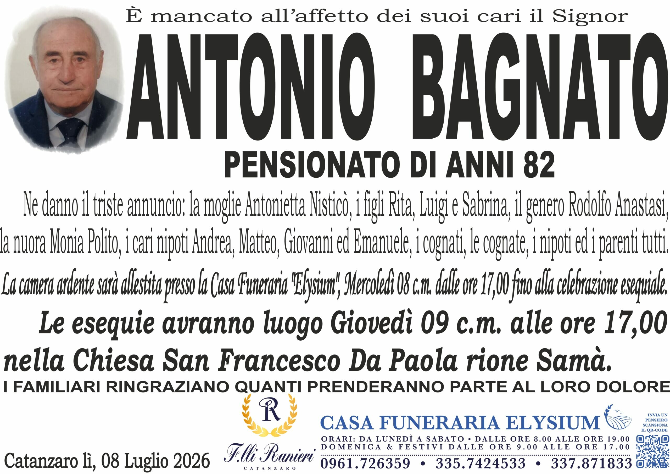Antonio Bagnato non &egrave; pi&ugrave; con noi