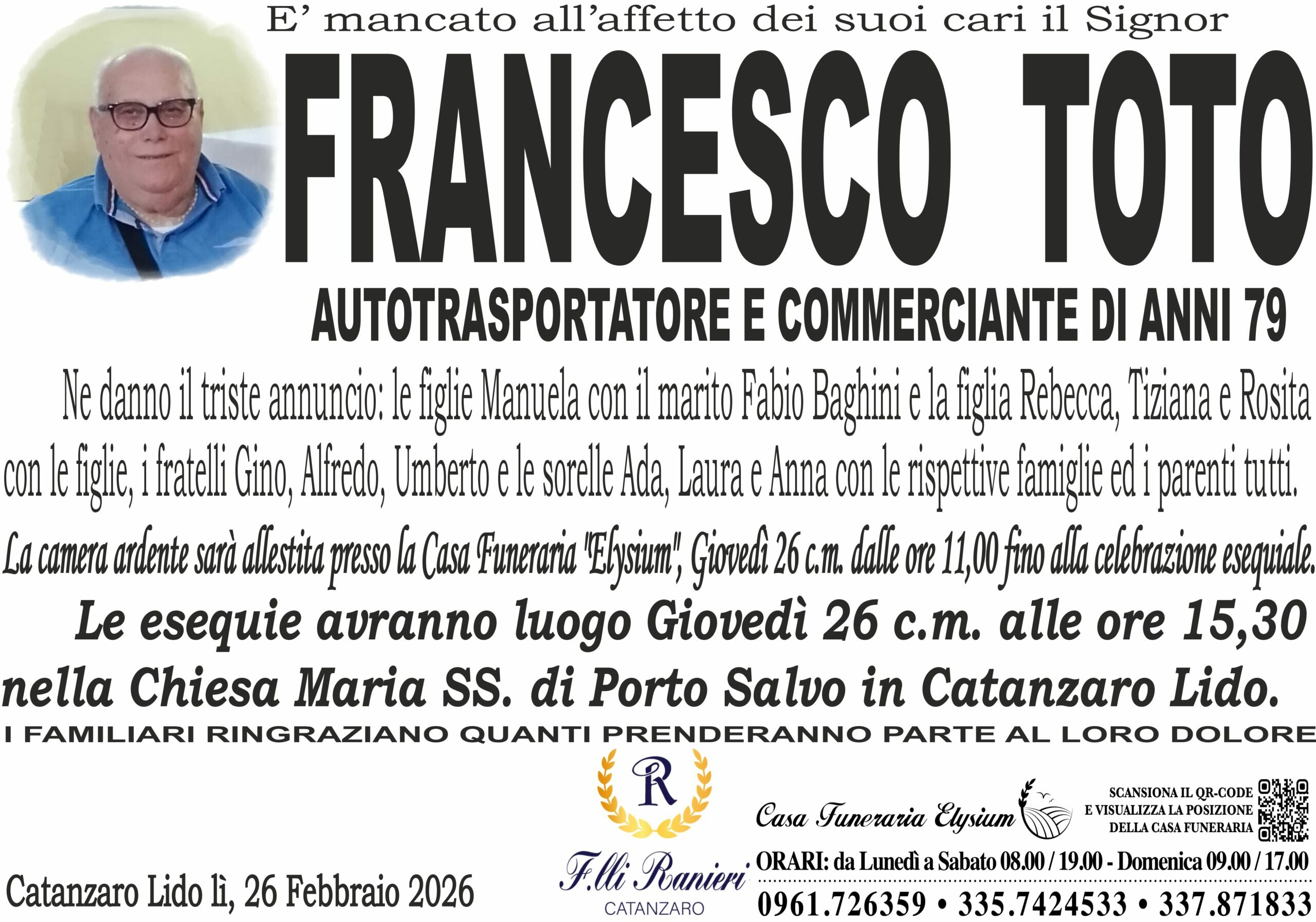 FRANCESCO TOTO &egrave; MANCATO ALL'AFFETTO DEI SUOI CARI
