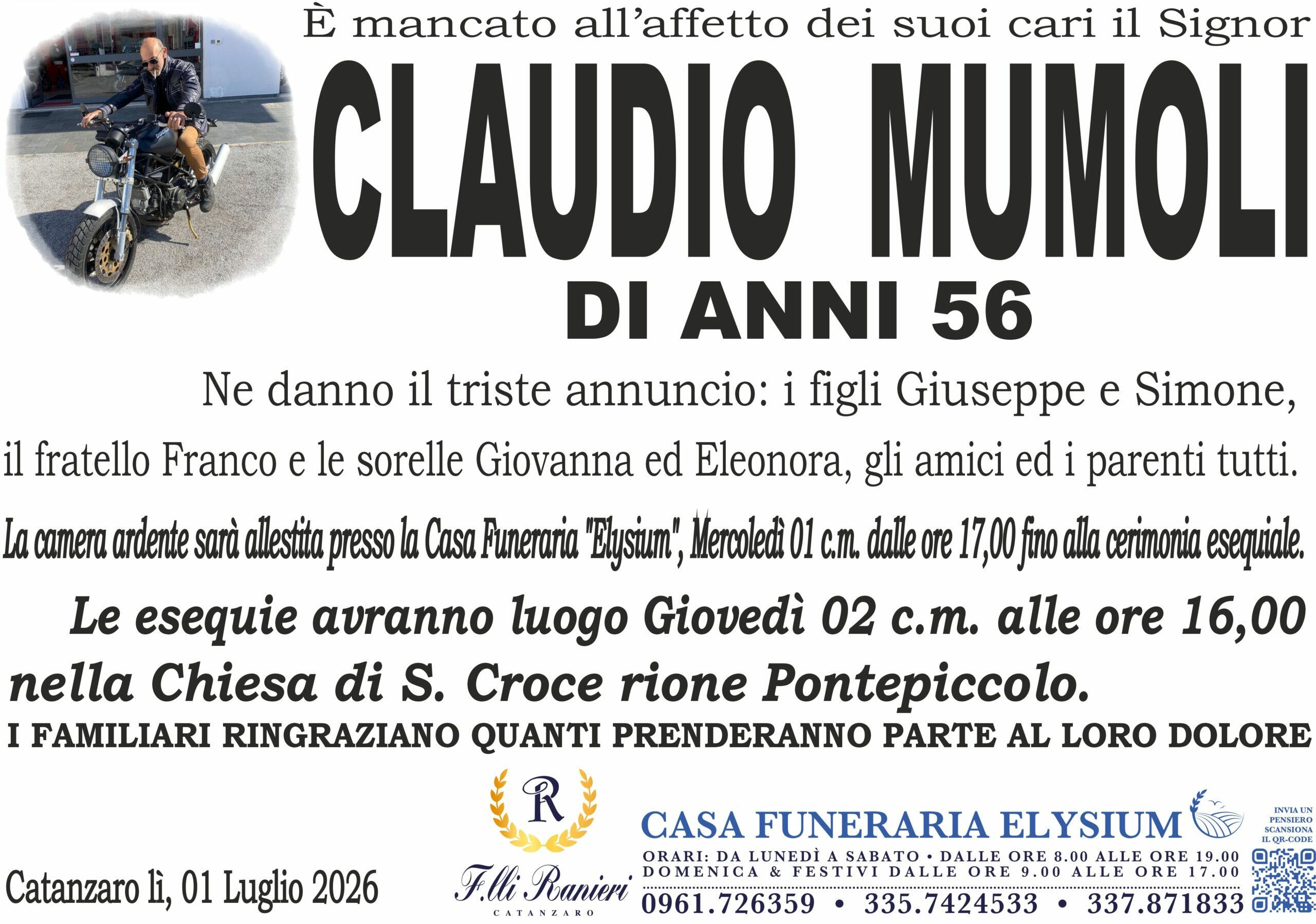 Claudio Mumoli &egrave; mancato all'affetto dei suoi cari