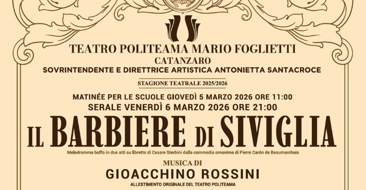 Al Teatro Politeama di Catanzaro il 6 marzo ritorna la lirica con il Barbiere di Siviglia Al Teatro Politeama di Catanzaro il 6 marzo ritorna la lirica con il Barbiere di Siviglia