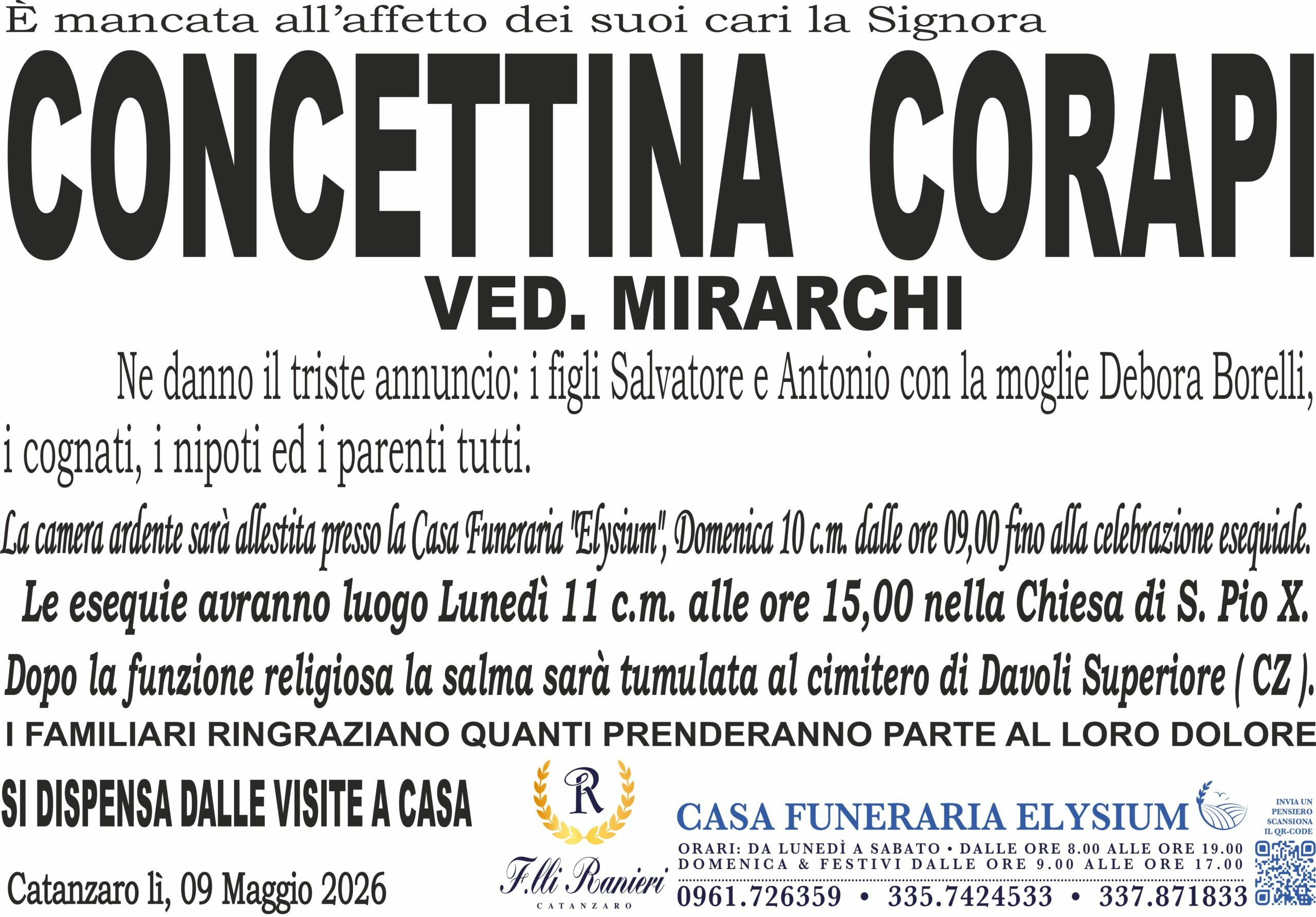 Concettina Corapi è mancata all'affetto dei suoi cari