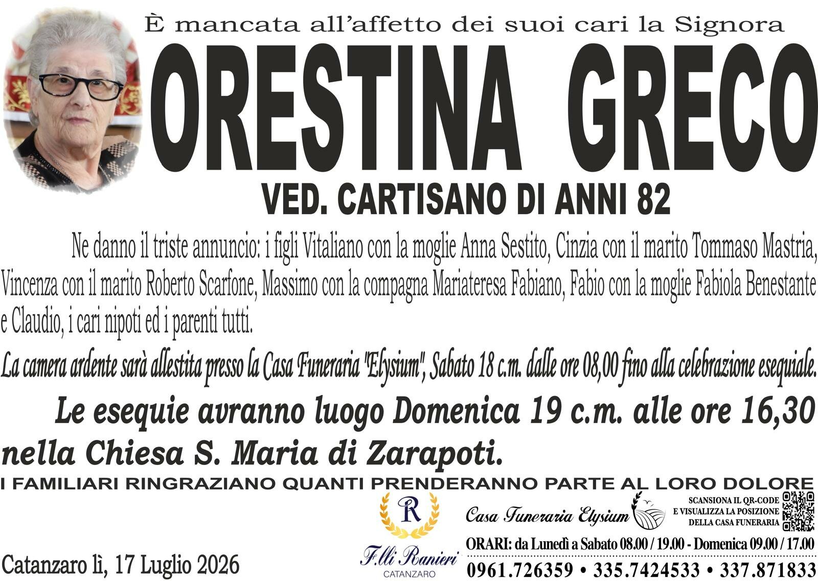 Orestina Greco non è più con noi