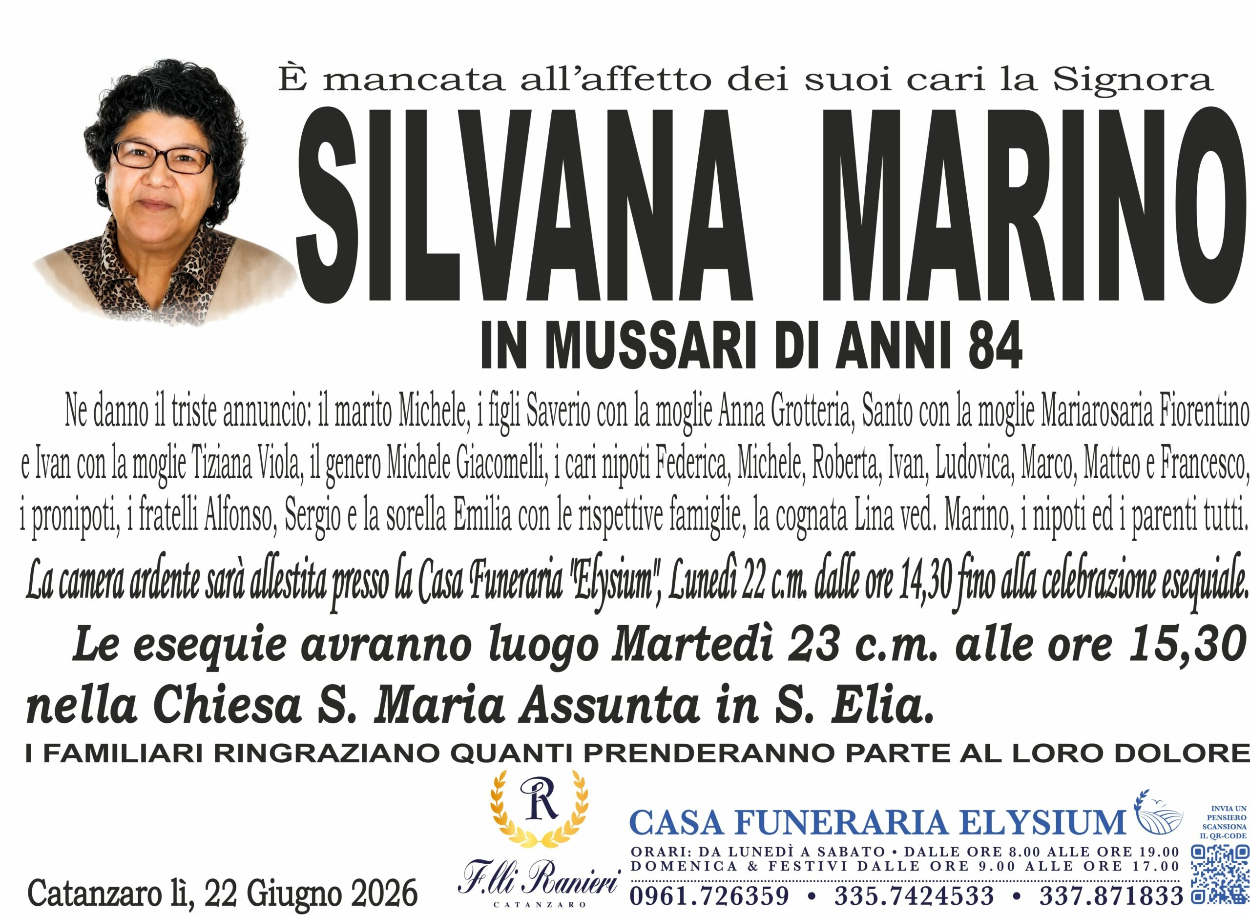 Silvana Marino &egrave; mancata all'affetto dei suoi cari