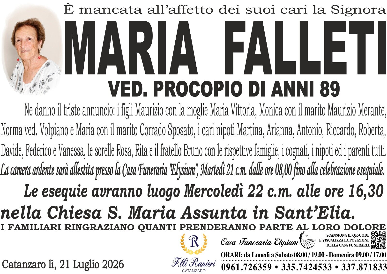 Maria Falleti non &egrave; pi&ugrave; con noi