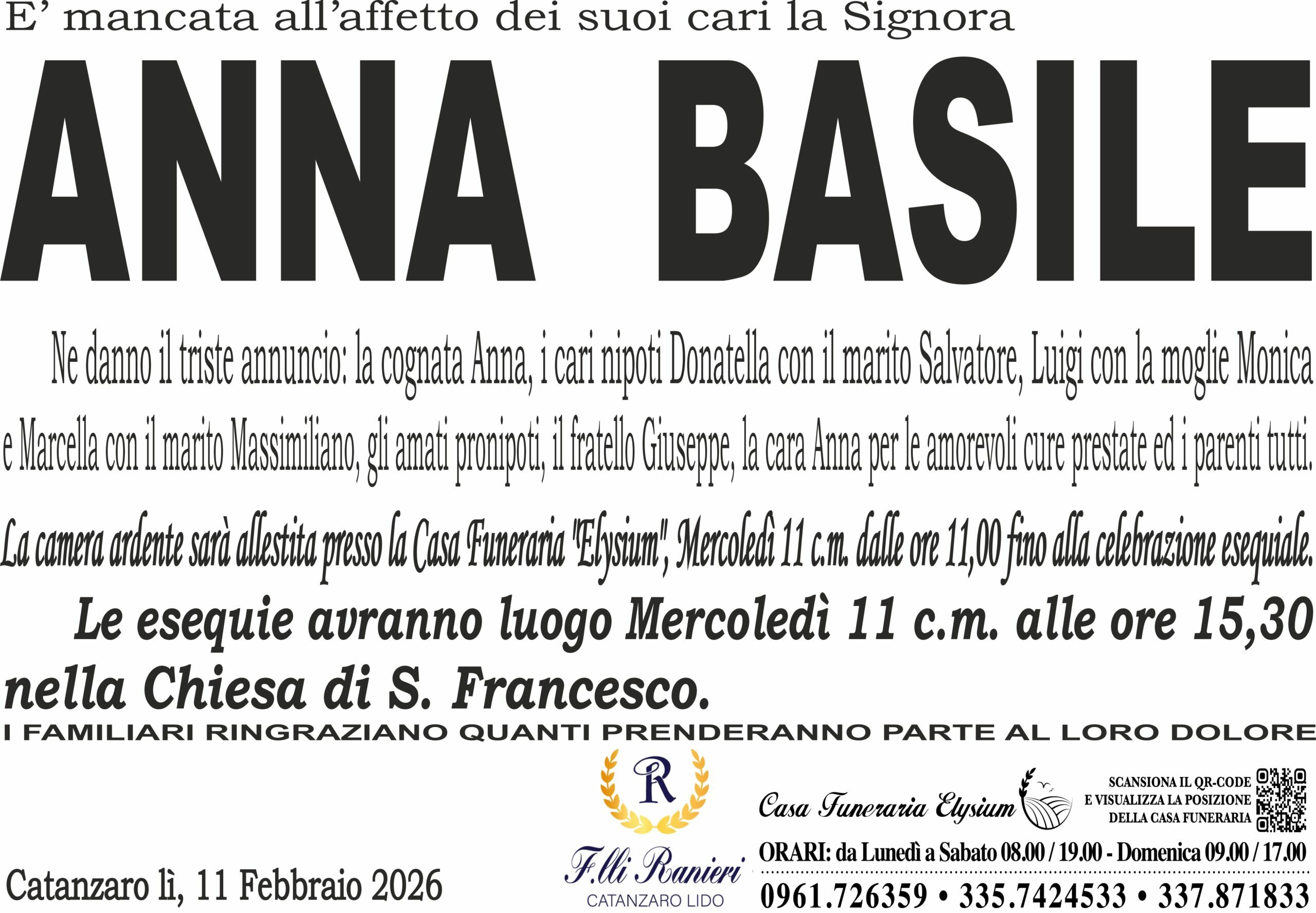 ANNA BASILE &egrave; MANCATA ALL'AFFETTO DEI SUOI CARI
