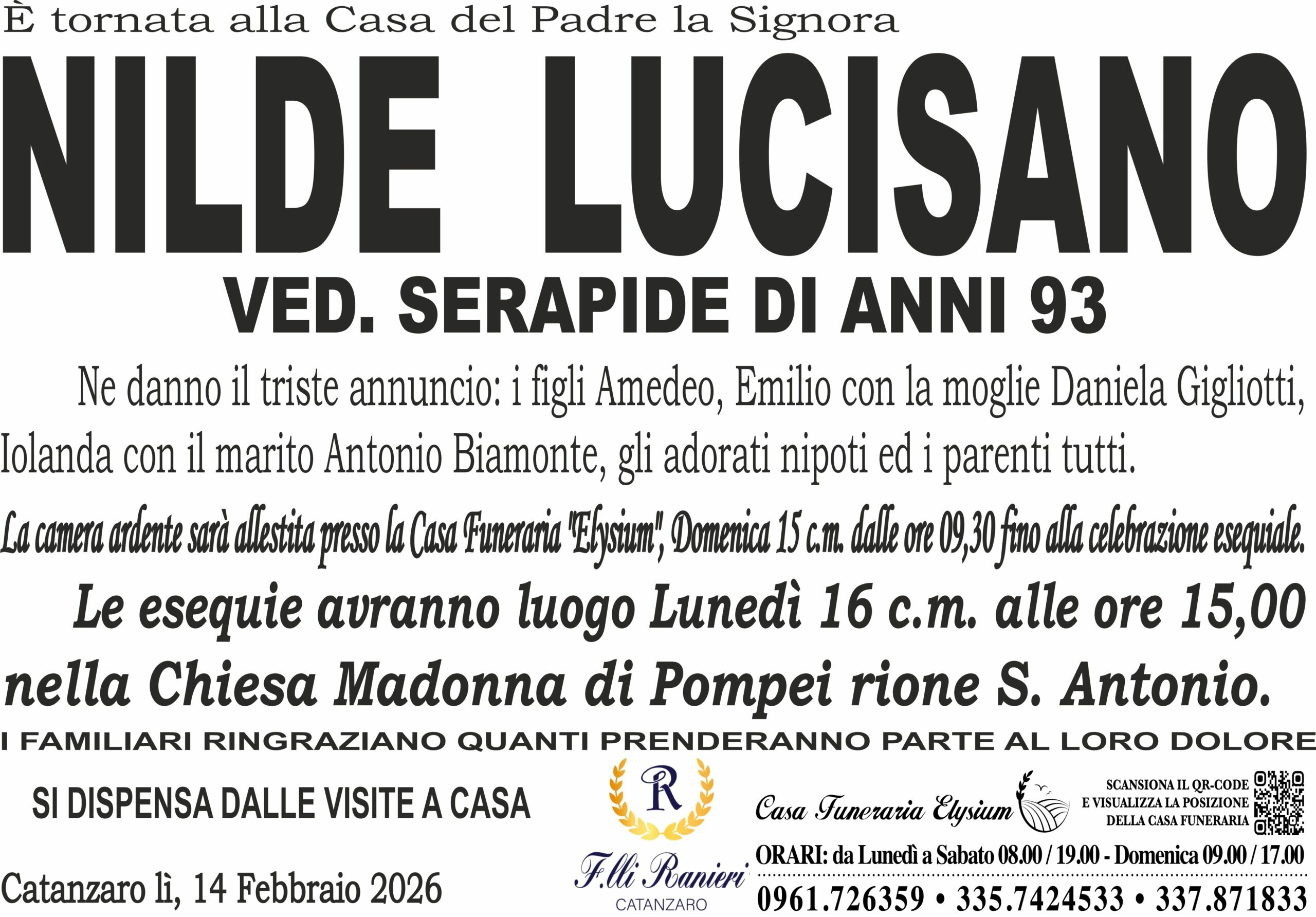 NILDE LUCISANO è MANCATA ALL'AFFETTO DEI SUOI CARI
