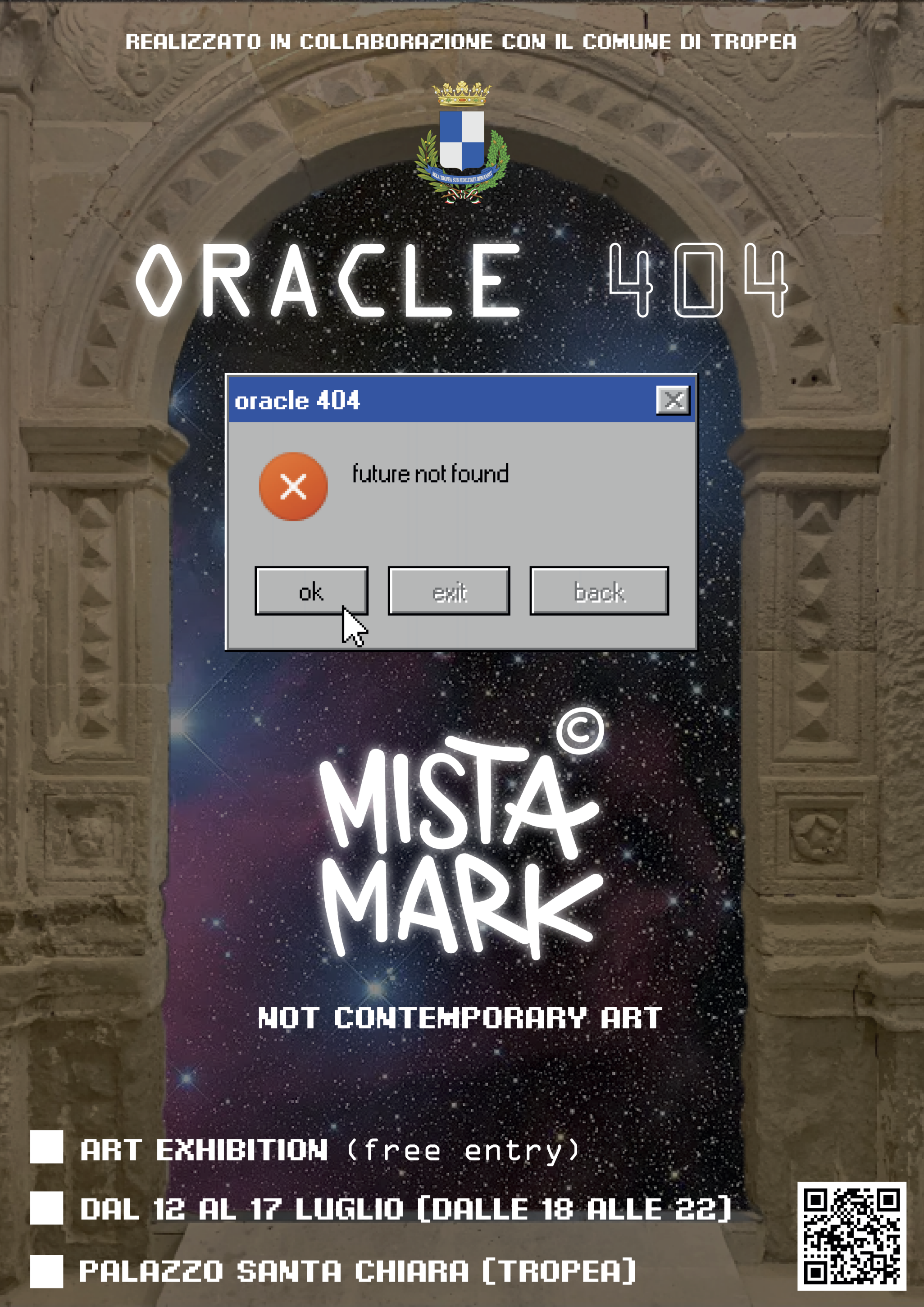 From July 12 to 17, 2025, Palazzo Santa Chiara in Tropea hosts ORACLE 404, the new solo exhibition by Mista Mark &mdash; a contemporary artist who blends and