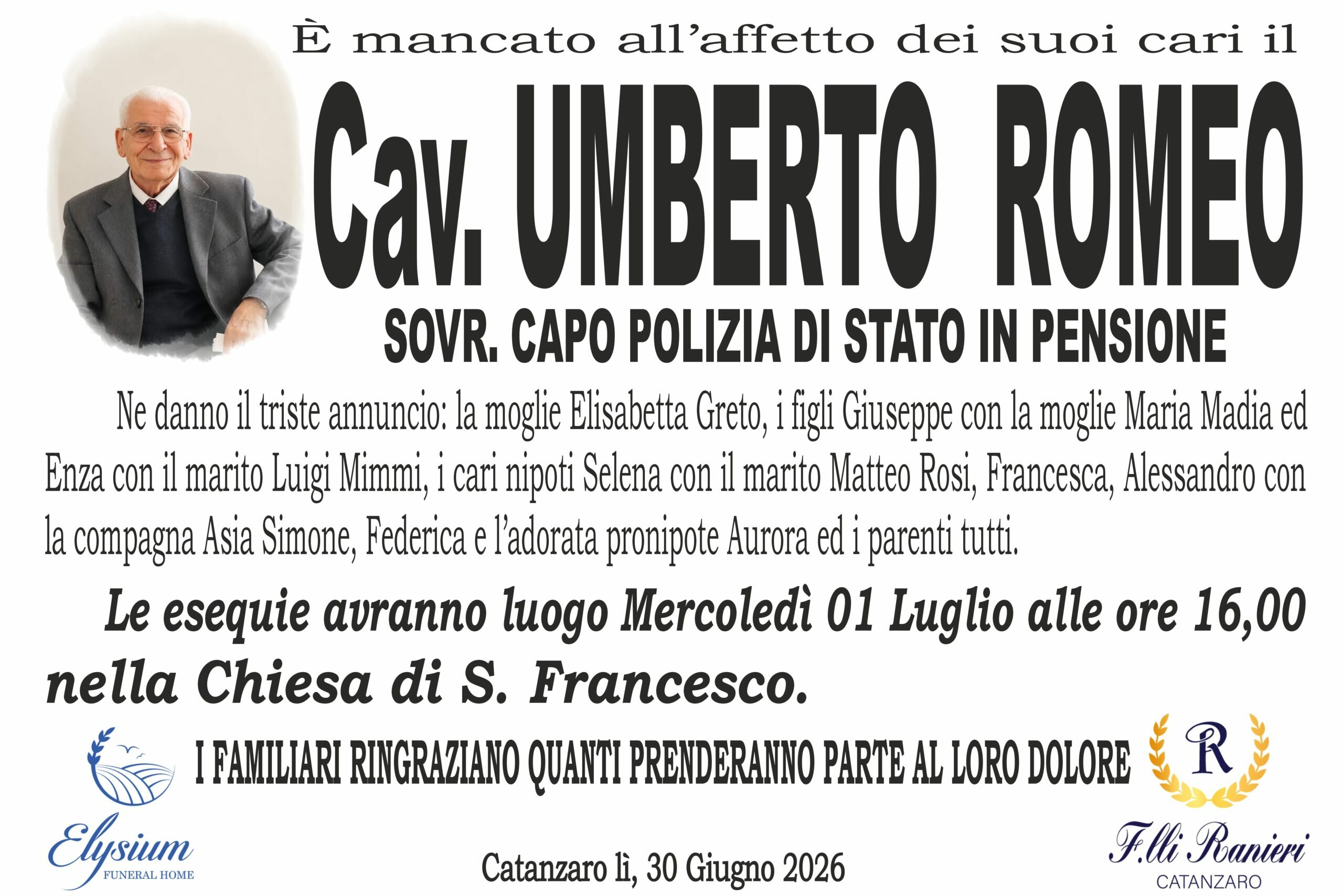Il Cav. Umberto Romeo &egrave; mancato all'affetto dei suoi cari