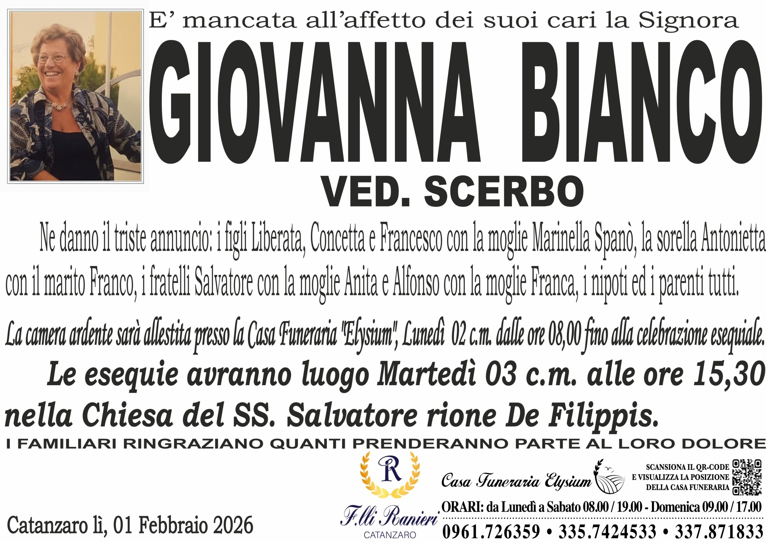 GIOVANNA BIANCO &egrave; MANCATA ALL'AFFETTO DEI SUOI CARI