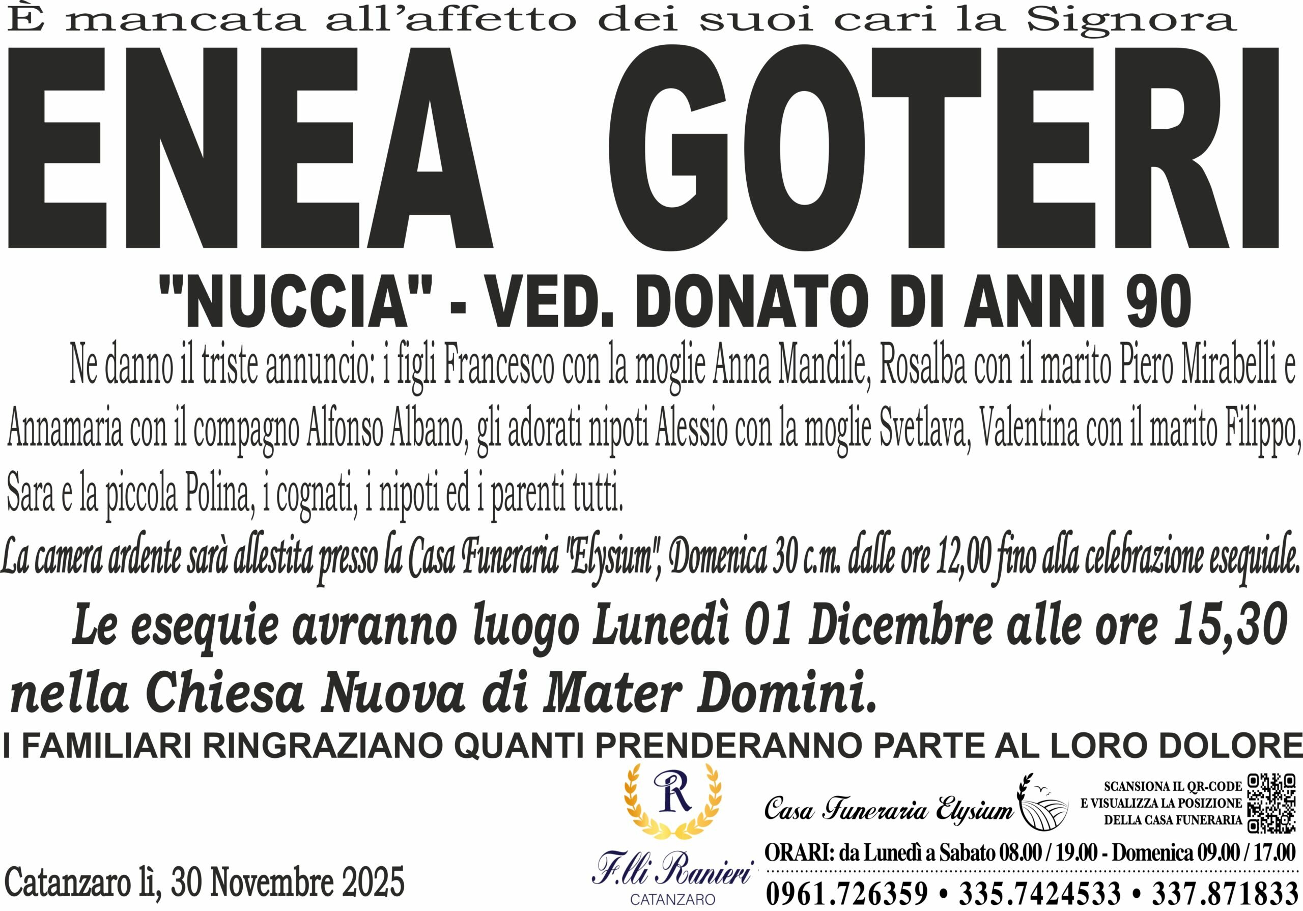 ENEA GOTERI &egrave; MANCATO ALL'AFFETTO DEI SUOI CARI