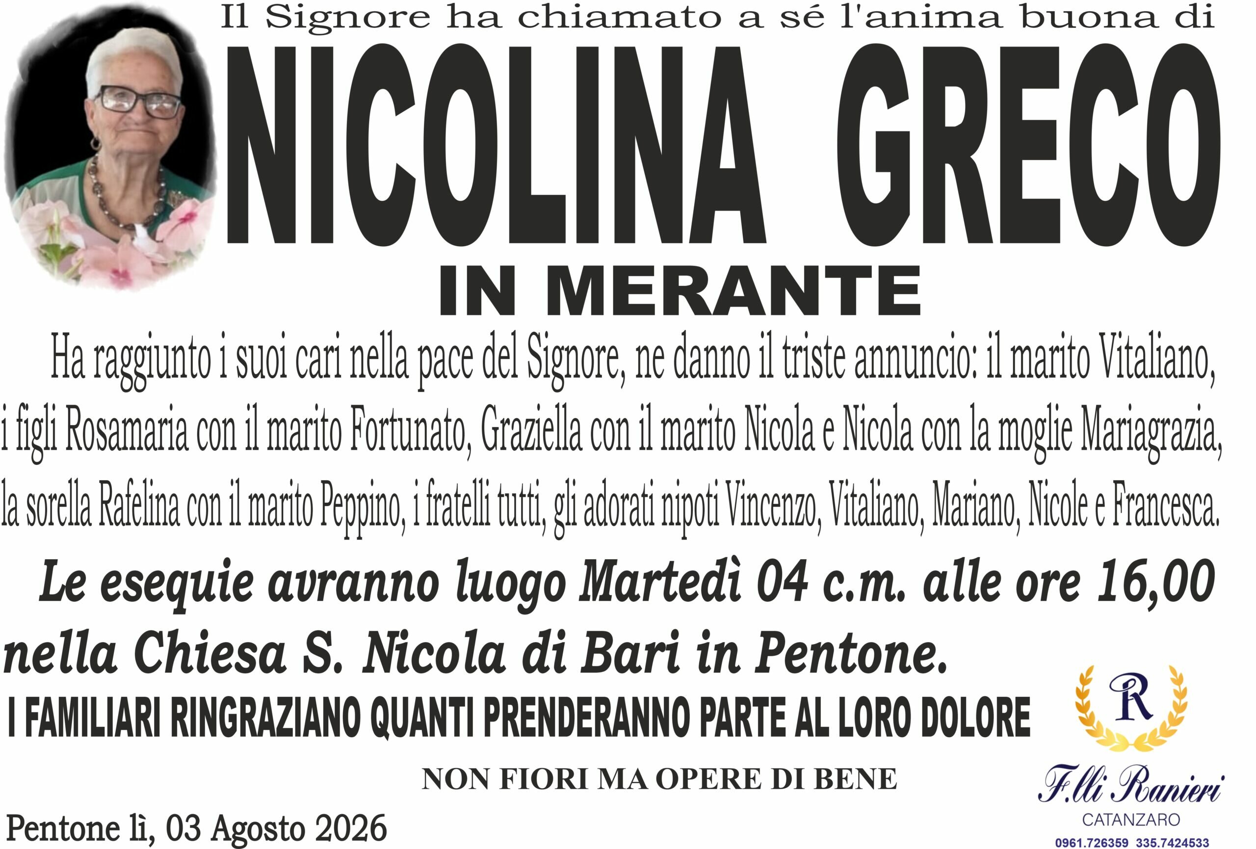 Nicolina Greco non &egrave; pi&ugrave; con noi