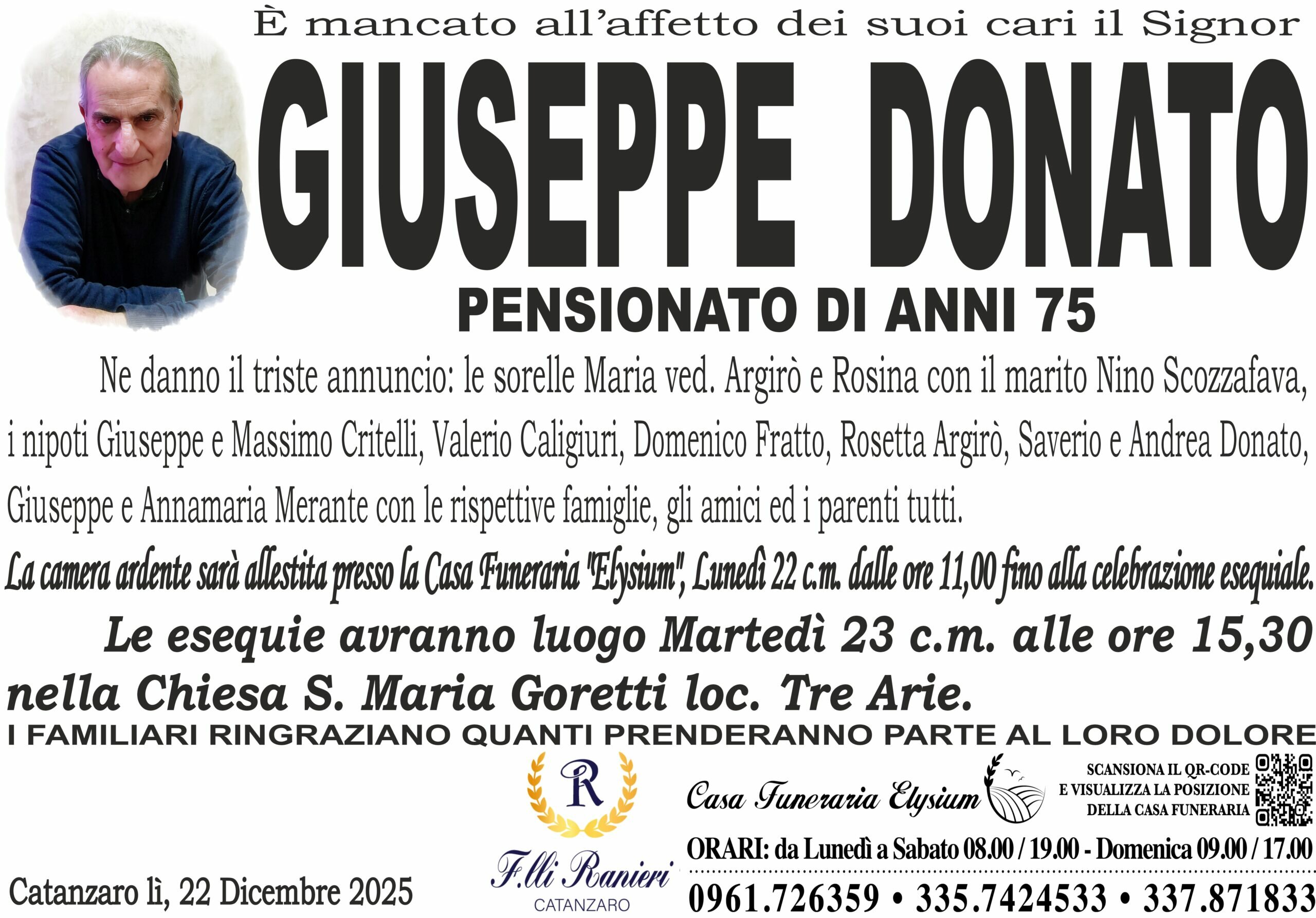 GIUSEPPE DONATO &egrave; MANCATO ALL'AFFETTO DEI SUOI CARI