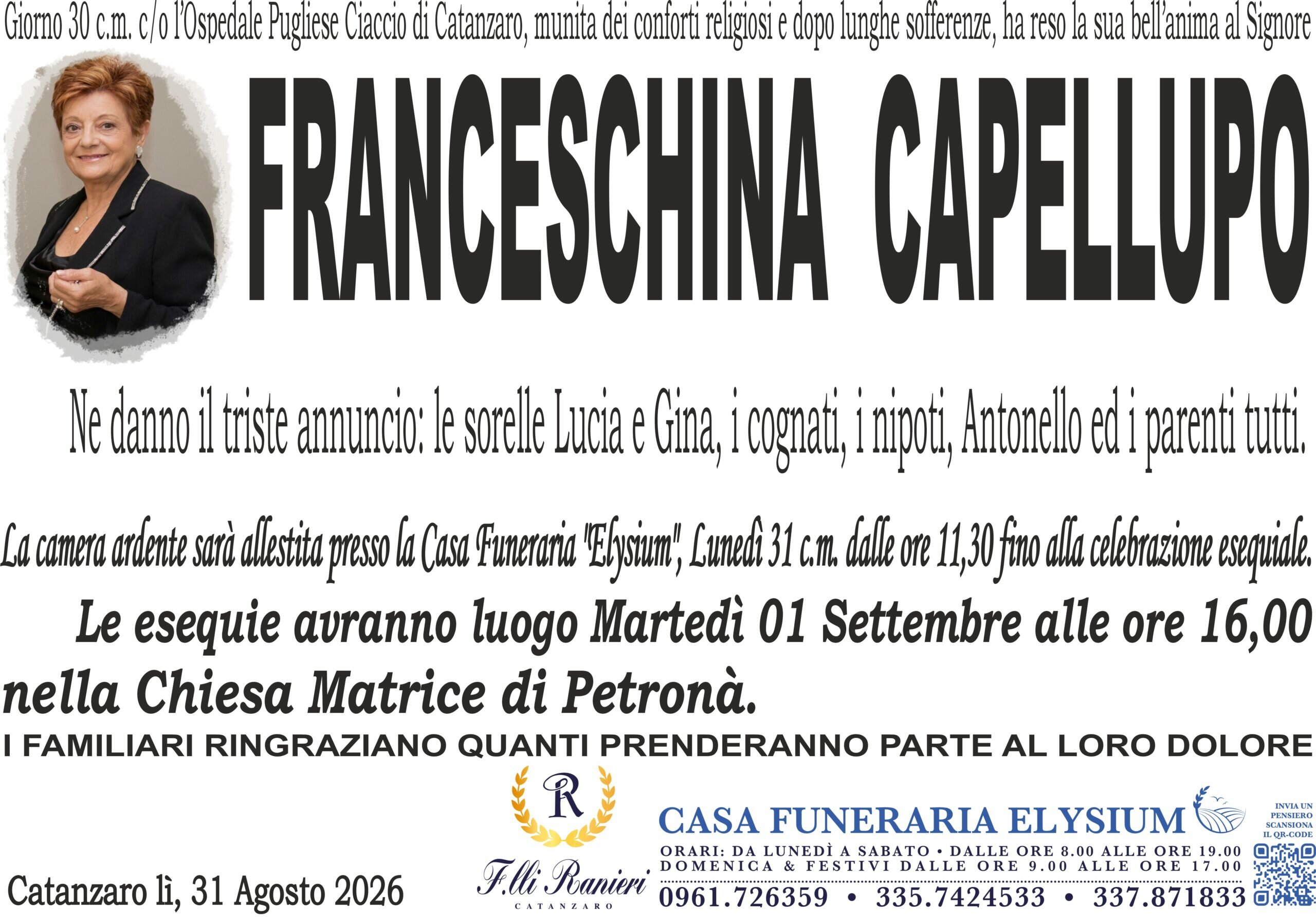 Franceschina Capellupo non &egrave; pi&ugrave; con noi