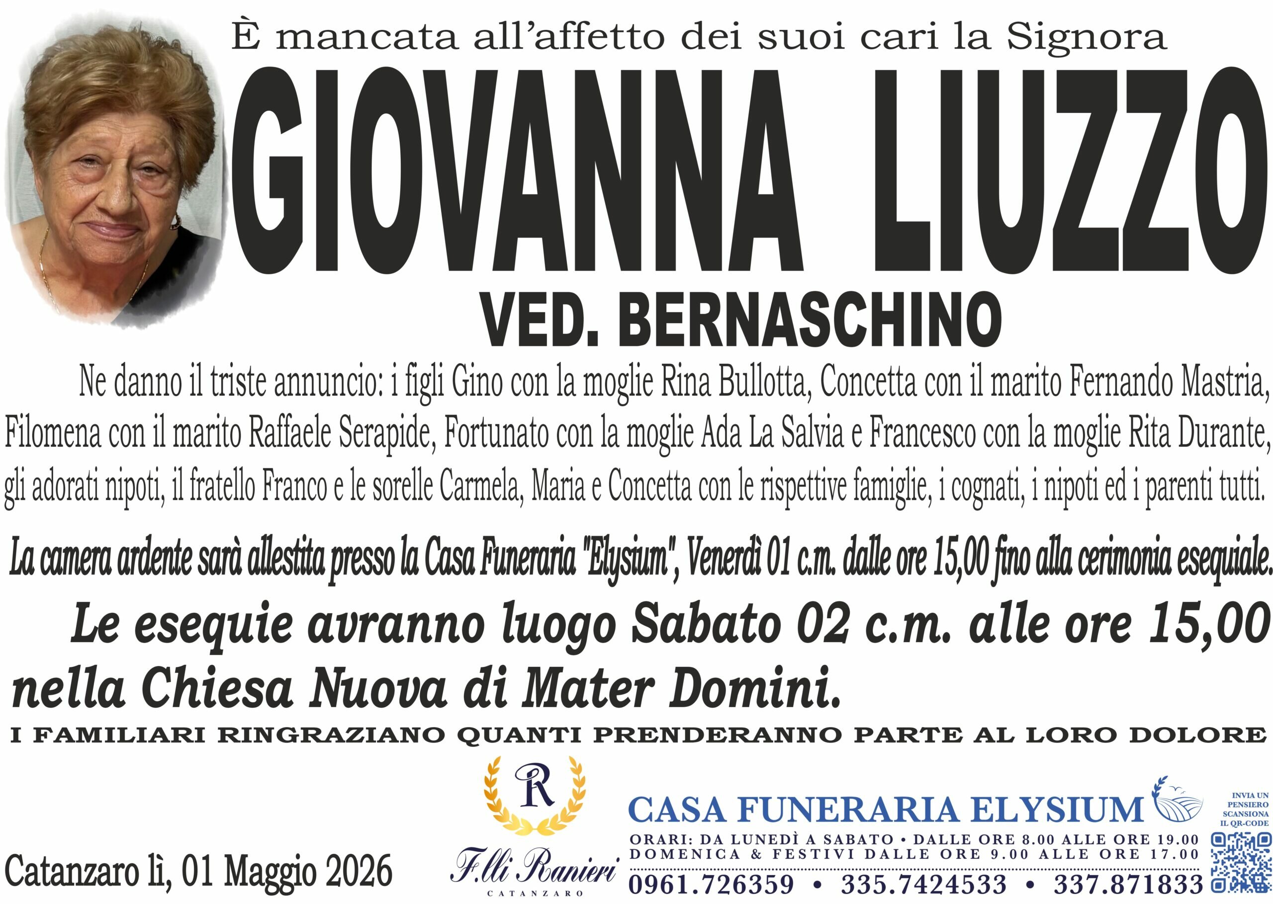 Giovanna Liuzzo &egrave; ancata all'affetto dei suoi cari