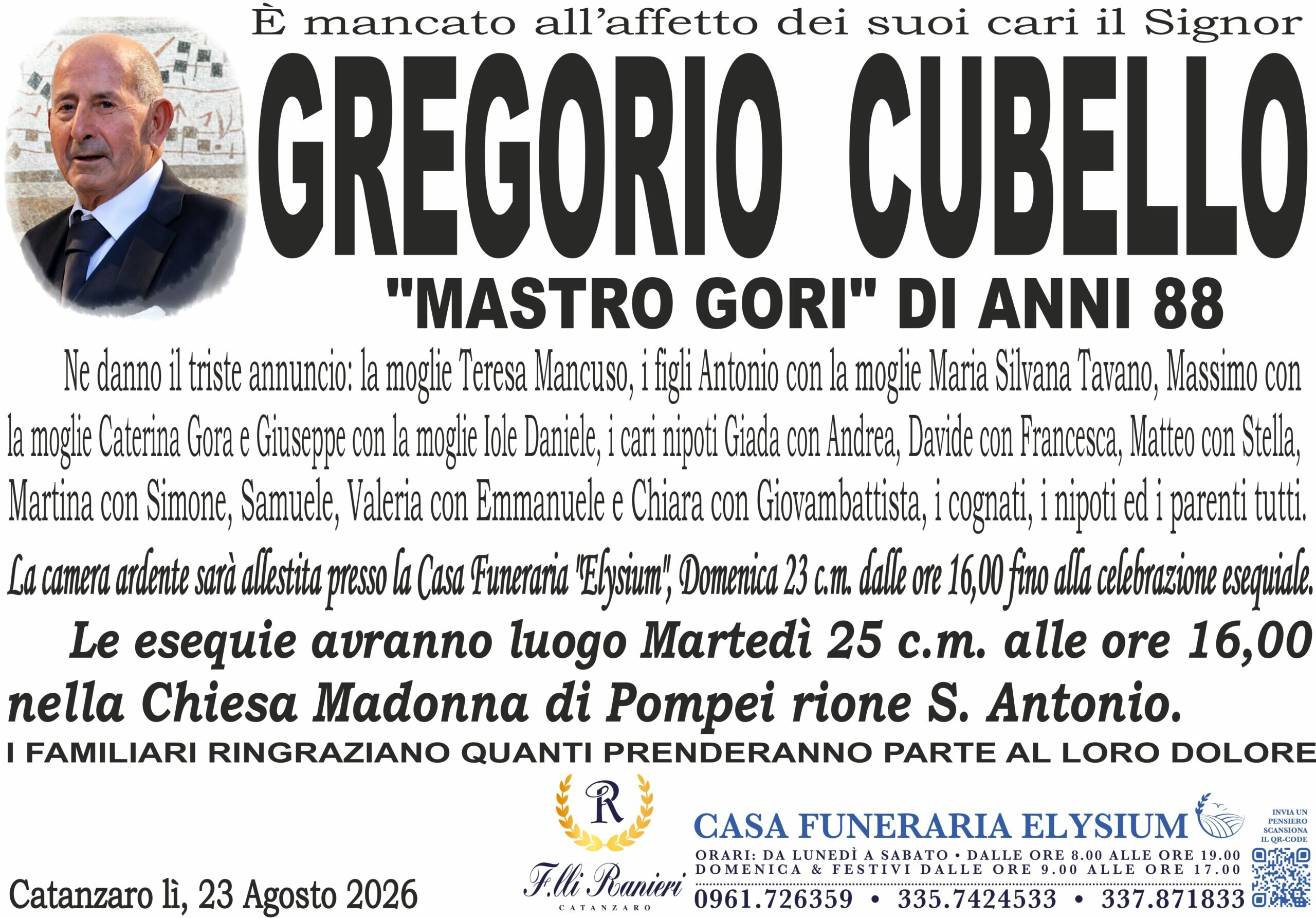 Gregorio Cubello non &egrave; pi&ugrave; con noi