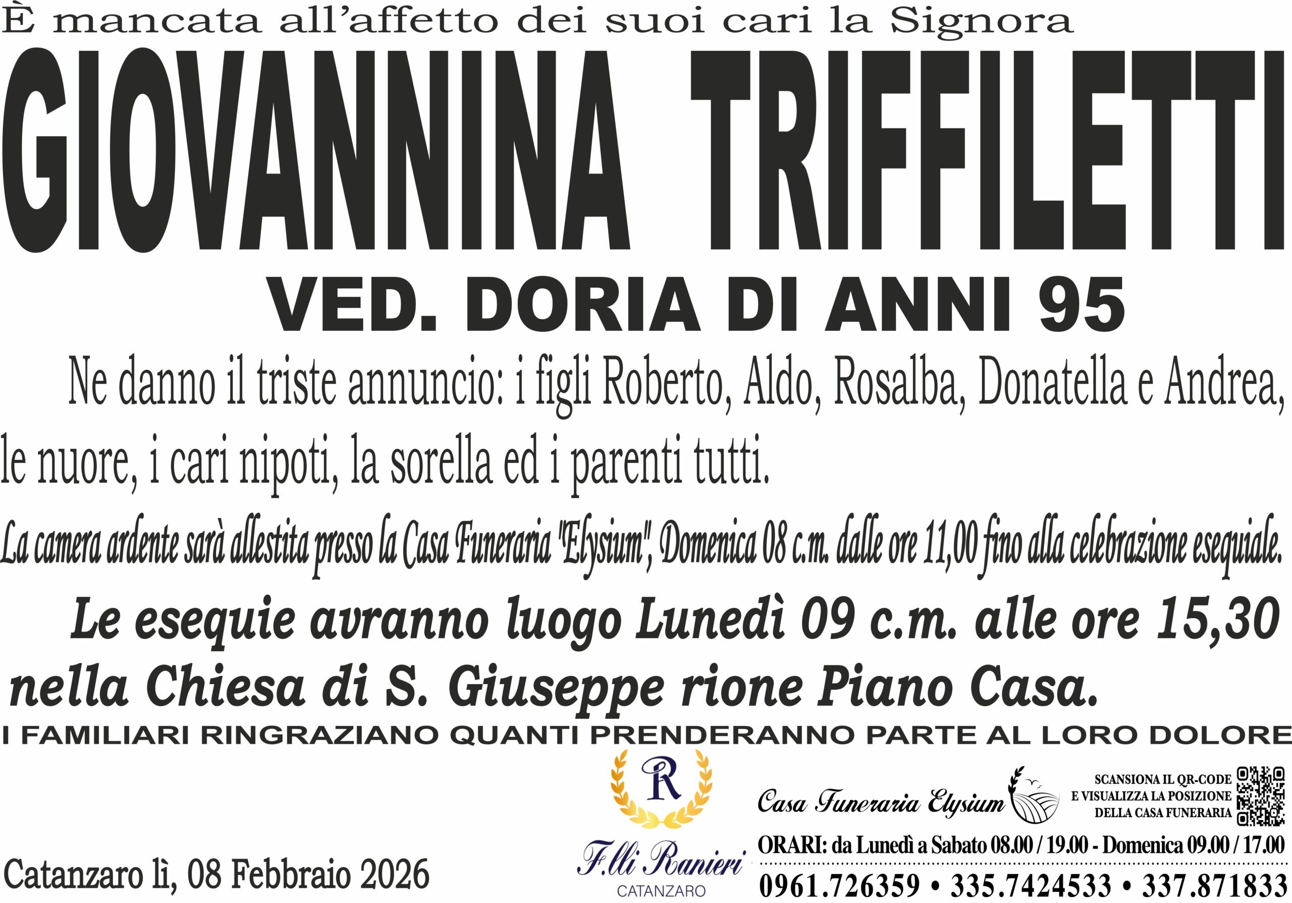 GIOVANNINA TREFFILETTI &egrave; MANCATA ALL'AFFETTO DEI SUOI CARI