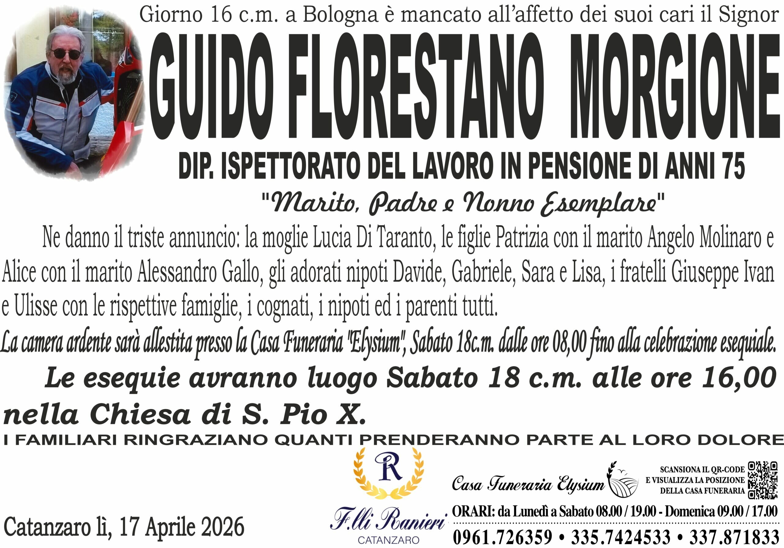 GUIDO FLORESTANO MORGIONE &egrave; MANCATO ALL'AFFETTO DEI SUOI CARI