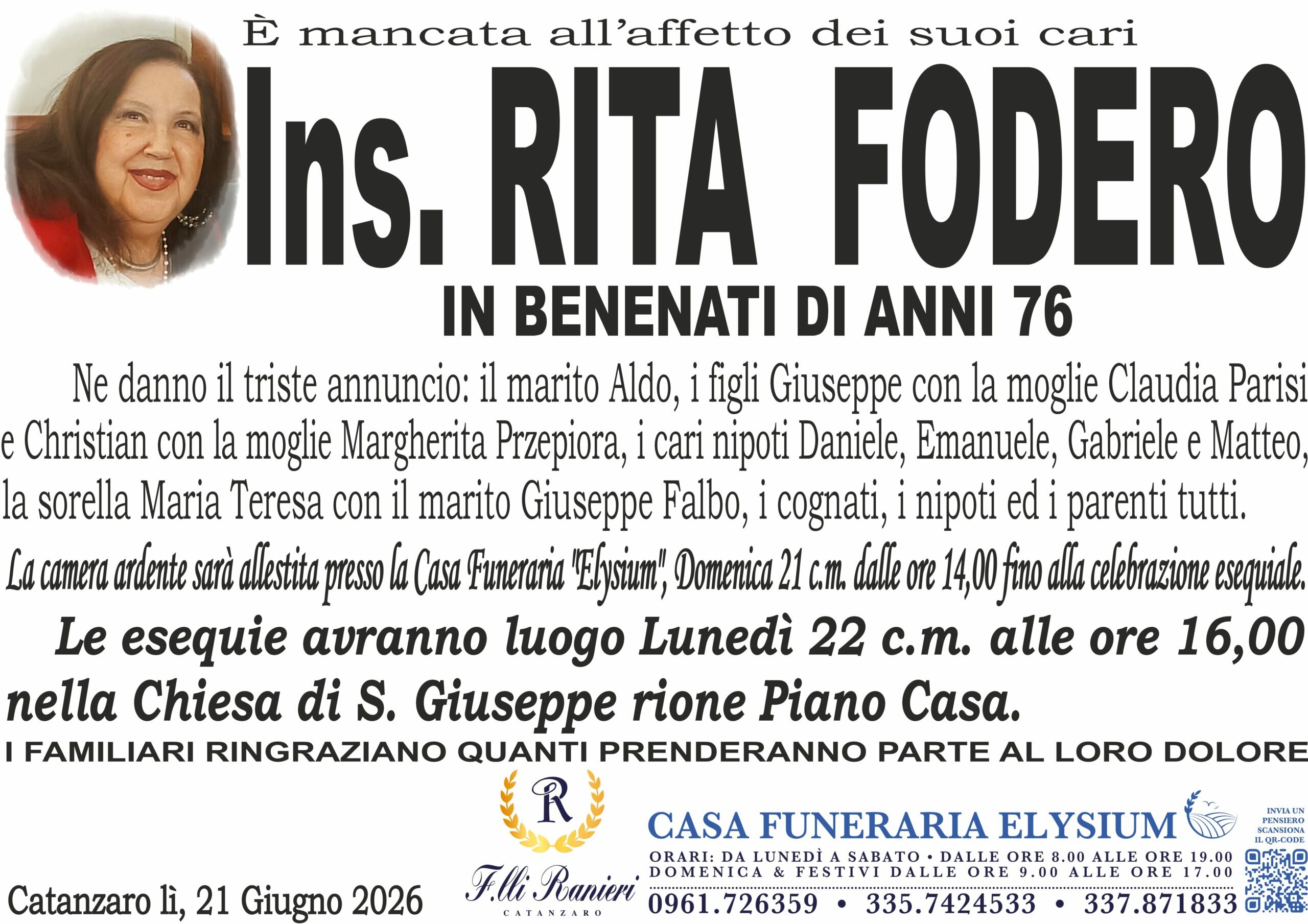 L'ins. Rita Fodero &egrave; mancata all'affetto dei suoi cari