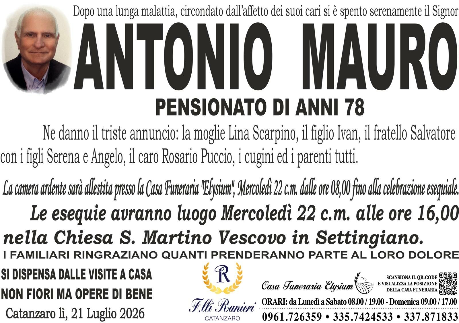 Antonio Mauro non &egrave; pi&ugrave; con noi