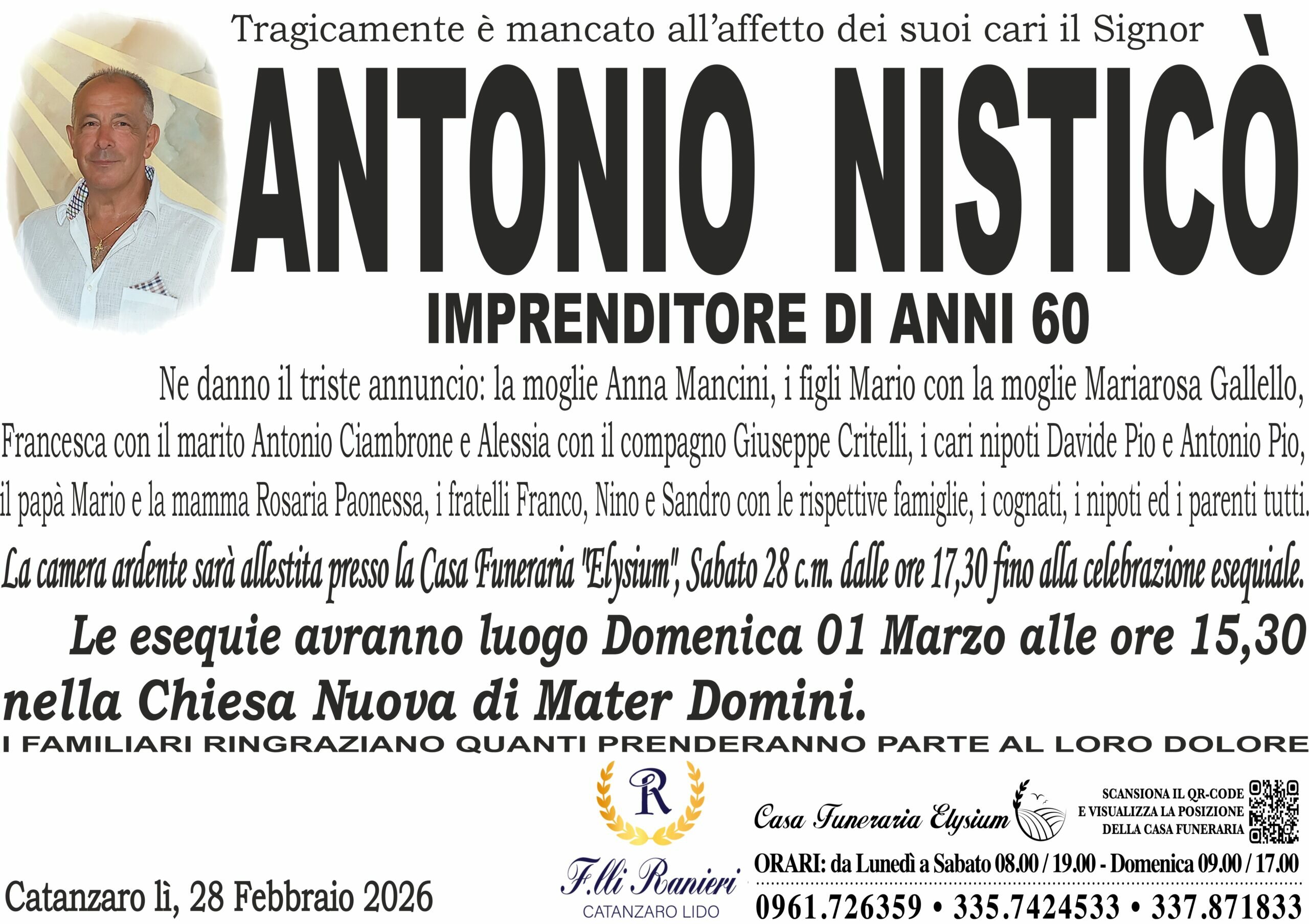 ANTONIO NISTIC&ograve; &egrave; TRAGICAMENTE MANCATO ALL'AFFETTO DEI SUOI CARI