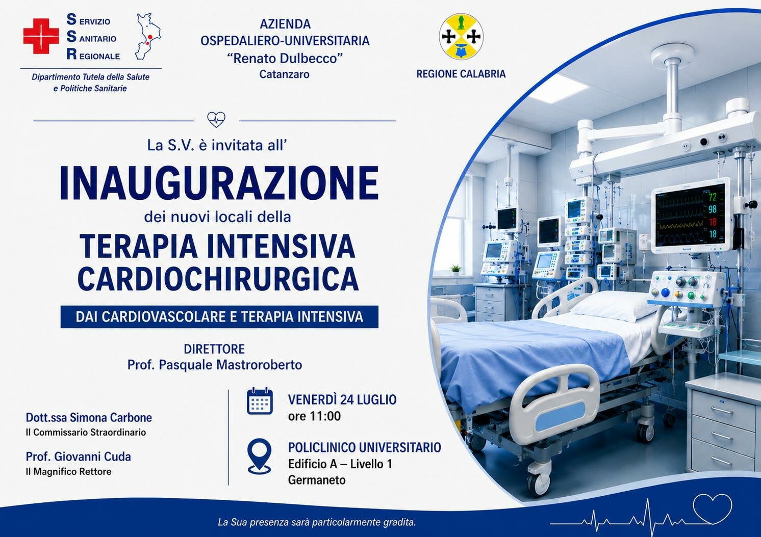 Oggi l'inaugurazione della nuova Terapia Intensiva Cardiochirurgica dell'AOU "Renato Dulbecco"