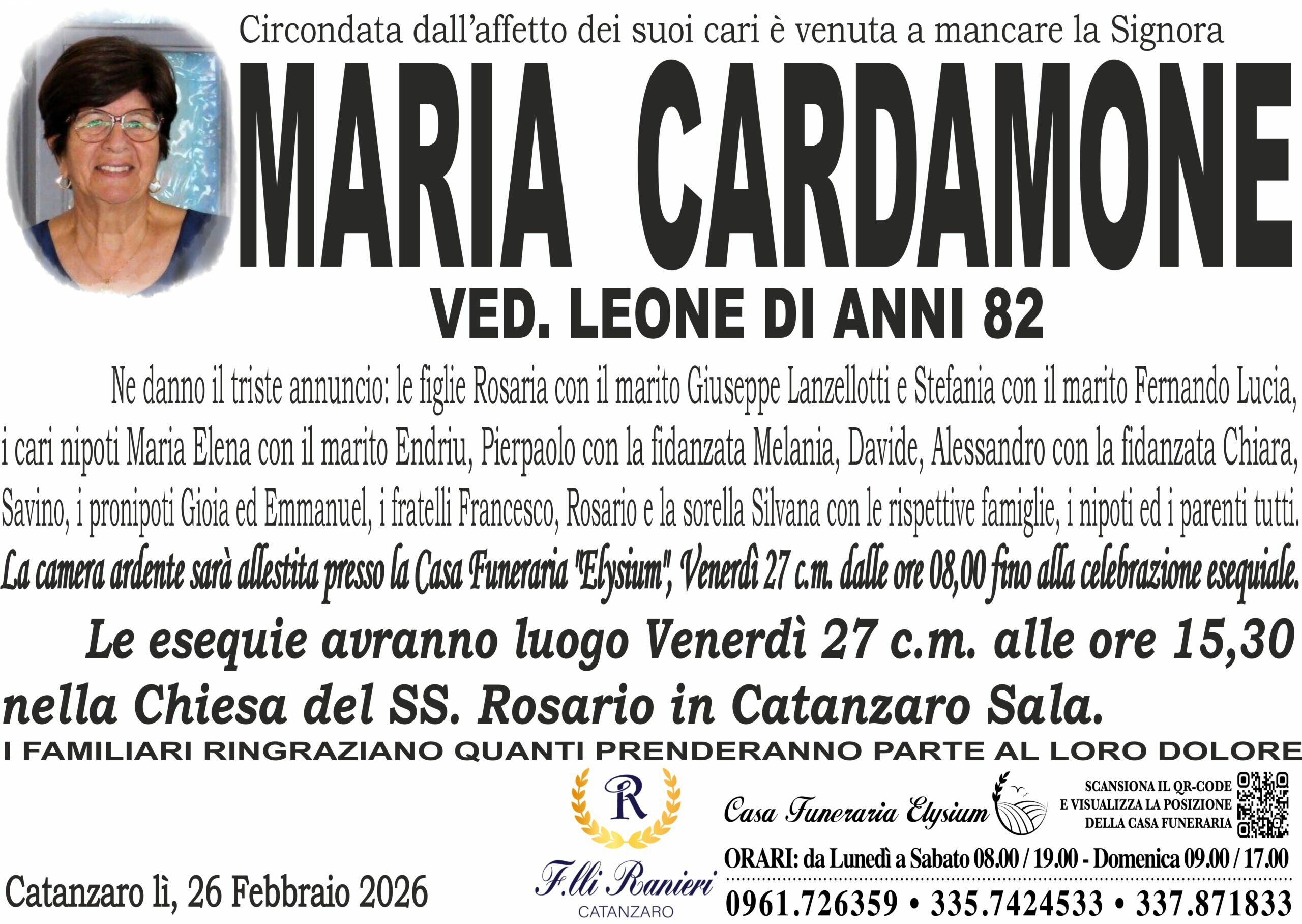 MARIA CARDAMONE &egrave; MANCATA ALL'AFFETTO DEI SUOI CARI