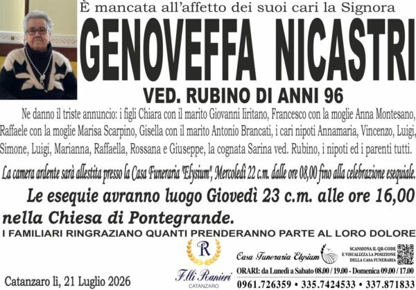 Genoveffa Nicastri non &egrave; pi&ugrave; con noi