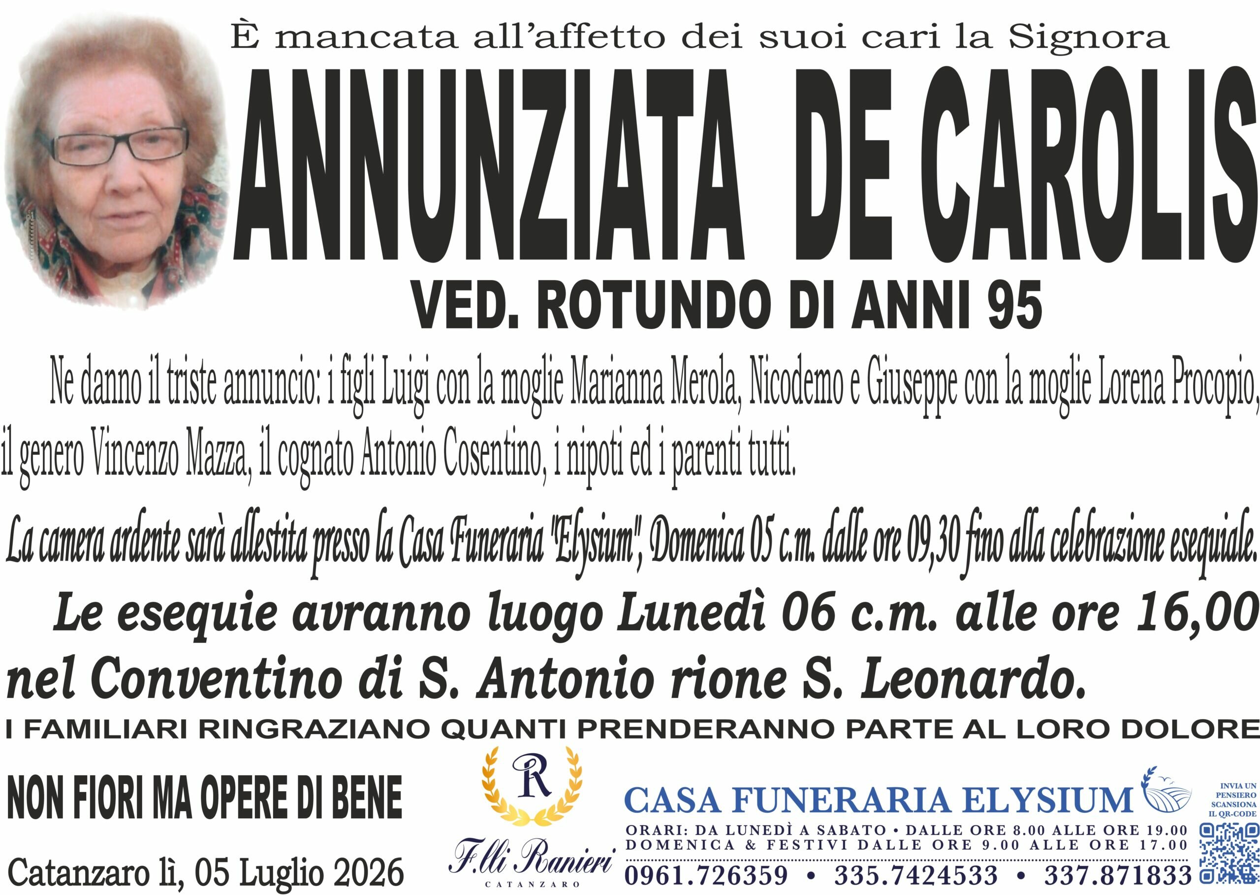 Annunziata De Carolis &egrave; mancata all'affetto dei suoi cari
