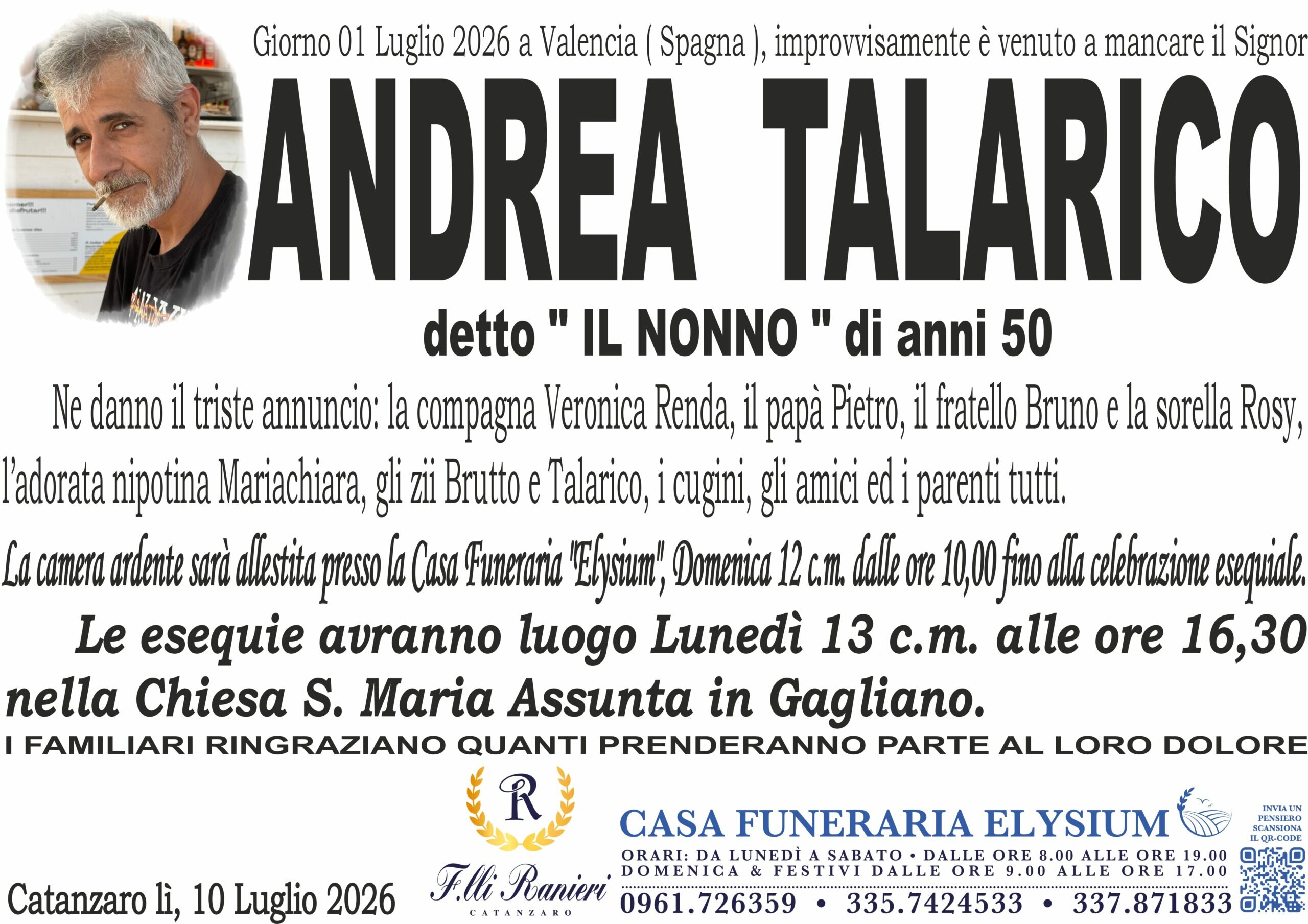 Andrea Talarico non &egrave; pi&ugrave; con noi