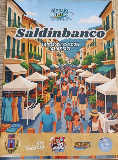 Locandina Ufficiale di Saldimbanco 2025 con loghi del Comune, di Alassio un Mare di Shopping e Mago Taz
