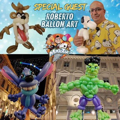 L'artista Roberto col la scultura di palloncini che rappresenta Linus il cane dei fumetti, una scultura di Hulk personaggio dei fumetto e di un altro paio di animali 