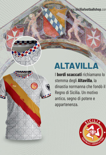 I Bordi scaccati che richiamano lo stemma degli Altavilla sulla maglia Costanza della Nazionale Siciliana