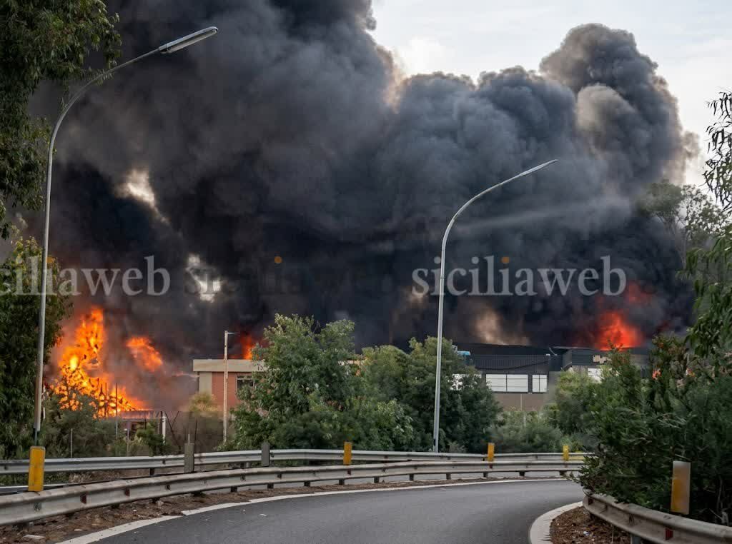 Acireale: deposito in fiamme, fumo nero visibile dalla A18 Acireale: deposito in fiamme, fumo nero visibile dalla A18